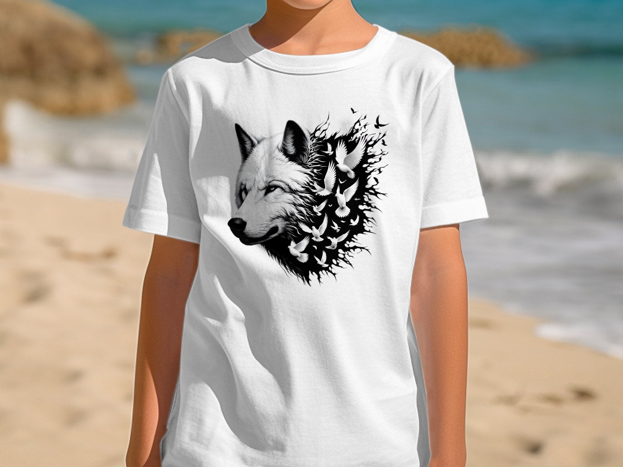 Wolf x Doves - Black White Gildan Kids T-Shirt Realistic Animal Talisman Unisex Tee Graphic Design