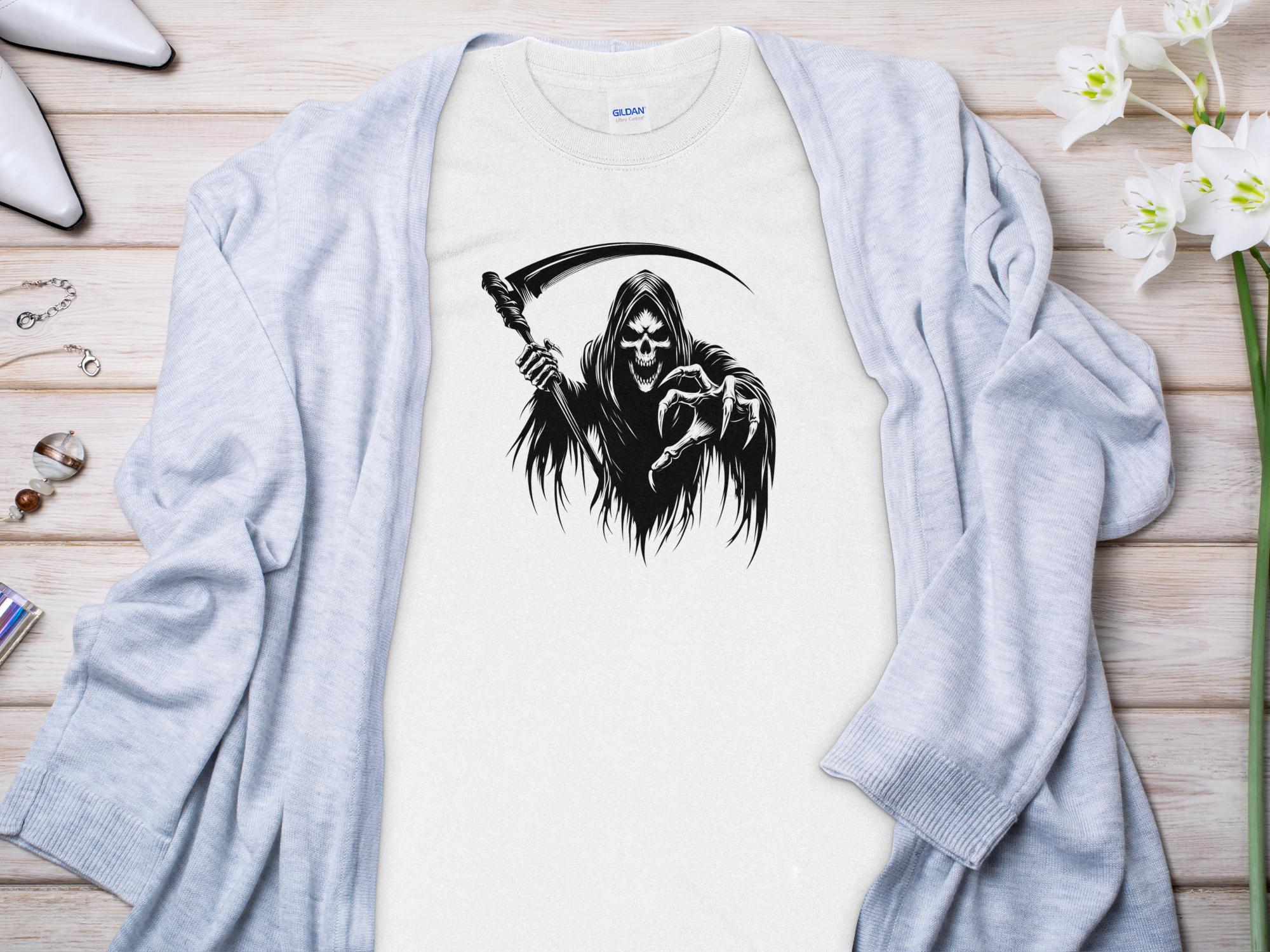 Grim Reaper - Black White Gildan Long Sleeve Commemorative Talisman Unisex Tee Graphic Design