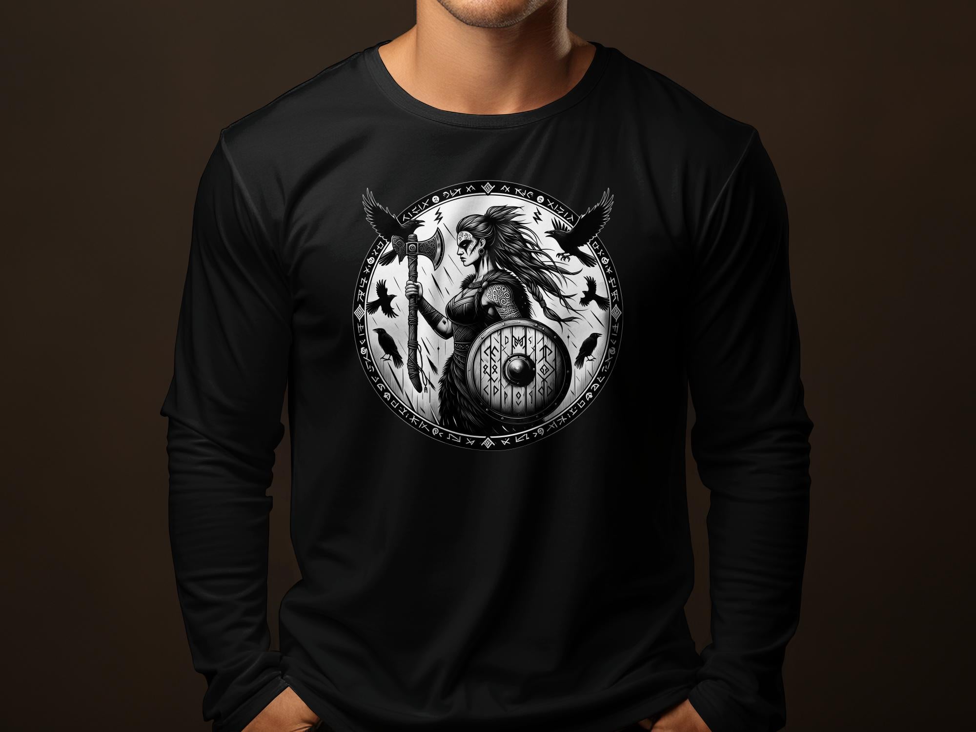 Viking Shield Maiden - Coloured Gildan Long Sleeve Realistic Norse Talisman Men Women Unisex Valhalla Tee Graphic Design