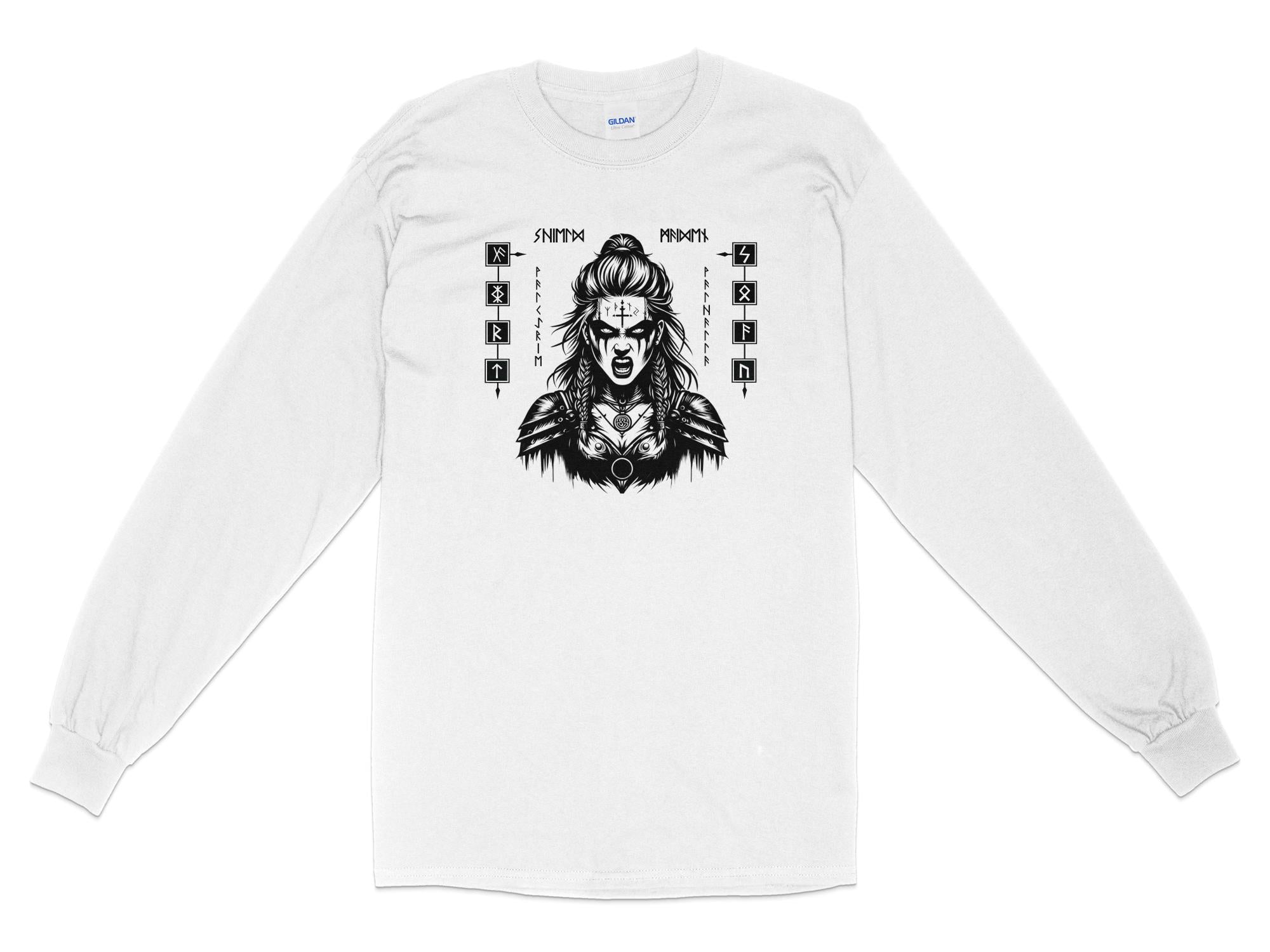 Viking Shield Maiden - Coloured Gildan Long Sleeve Realistic Norse Talisman Men Women Unisex Valhalla Tee Graphic Design