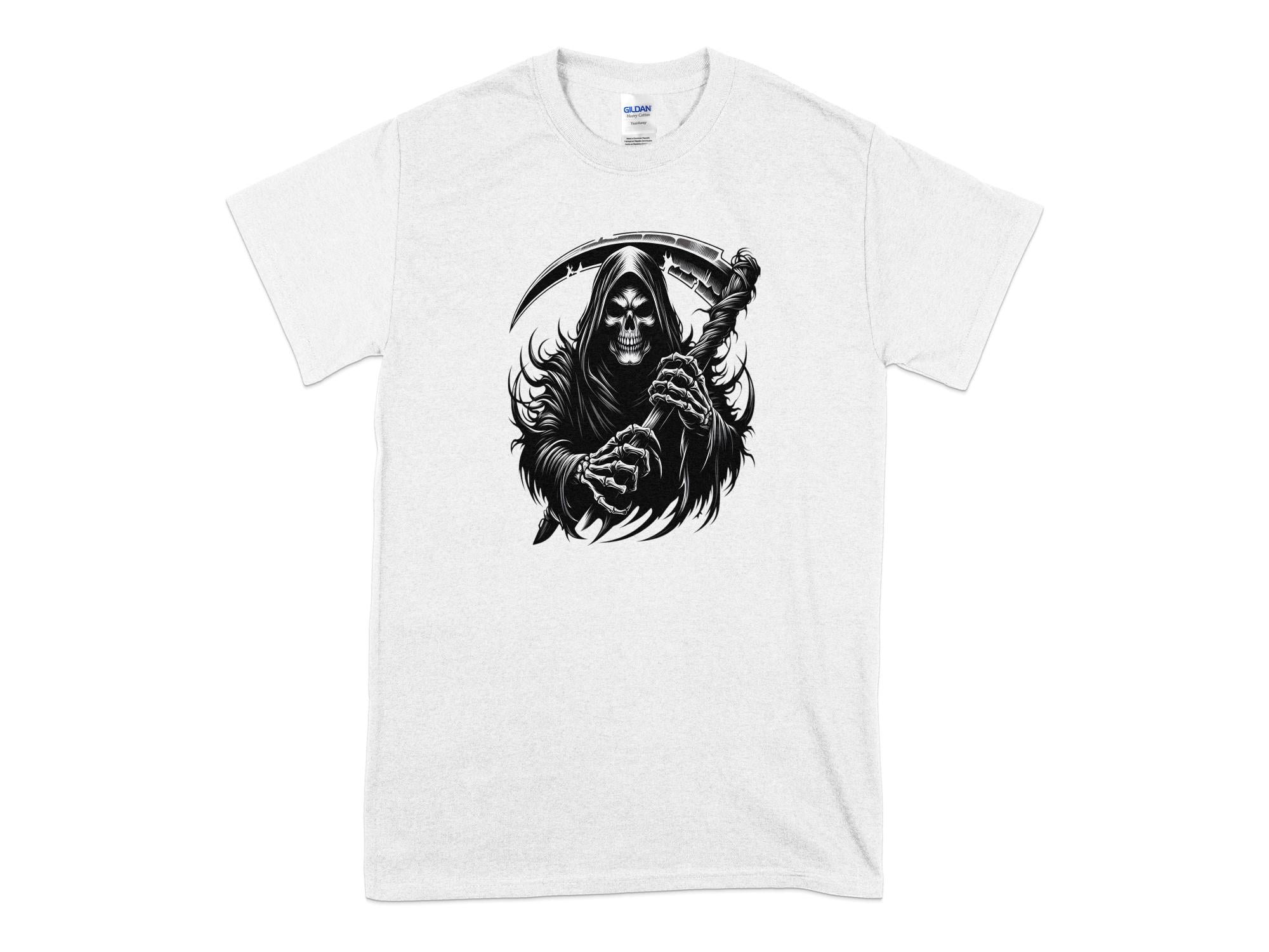 Grim Reaper - Black White Gildan T-Shirt Commemorative Talisman Unisex Tee Graphic Design