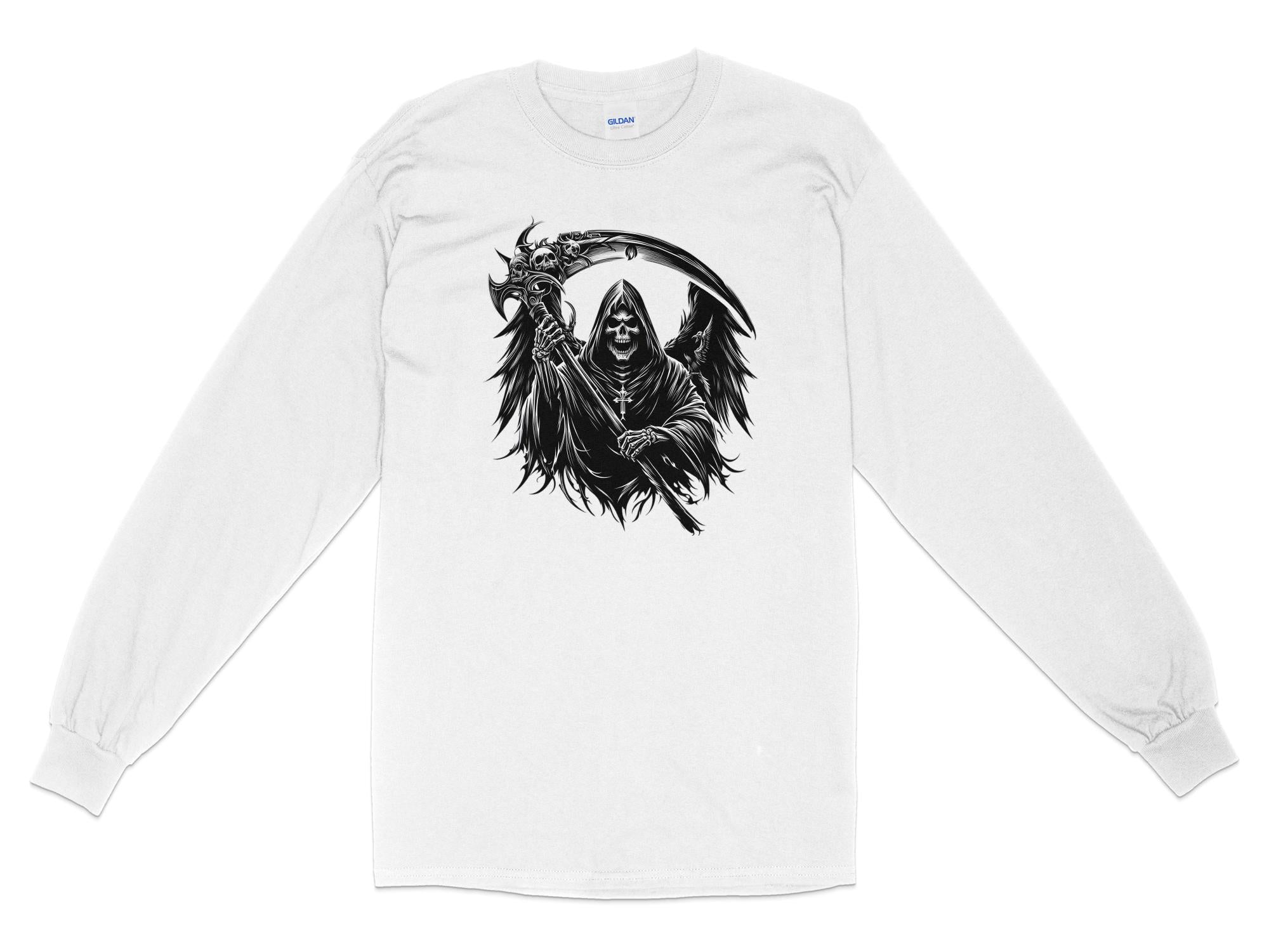 Grim Reaper - Black White Gildan Long Sleeve Commemorative Talisman Unisex Tee Graphic Design