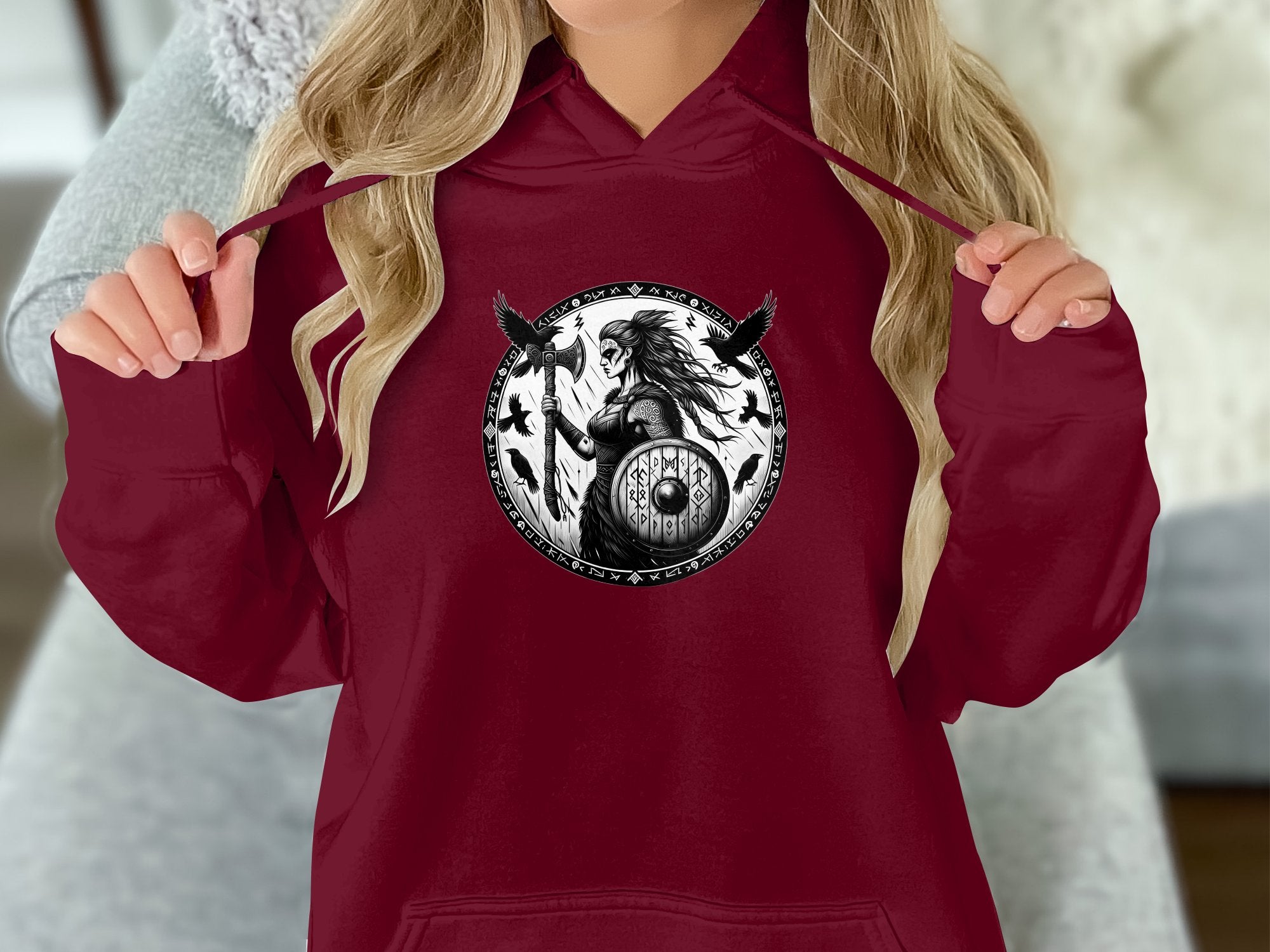 Viking Shield Maiden - Coloured Gildan Hoodie Realistic Norse Talisman Men Women Unisex Valhalla Tee Graphic Design