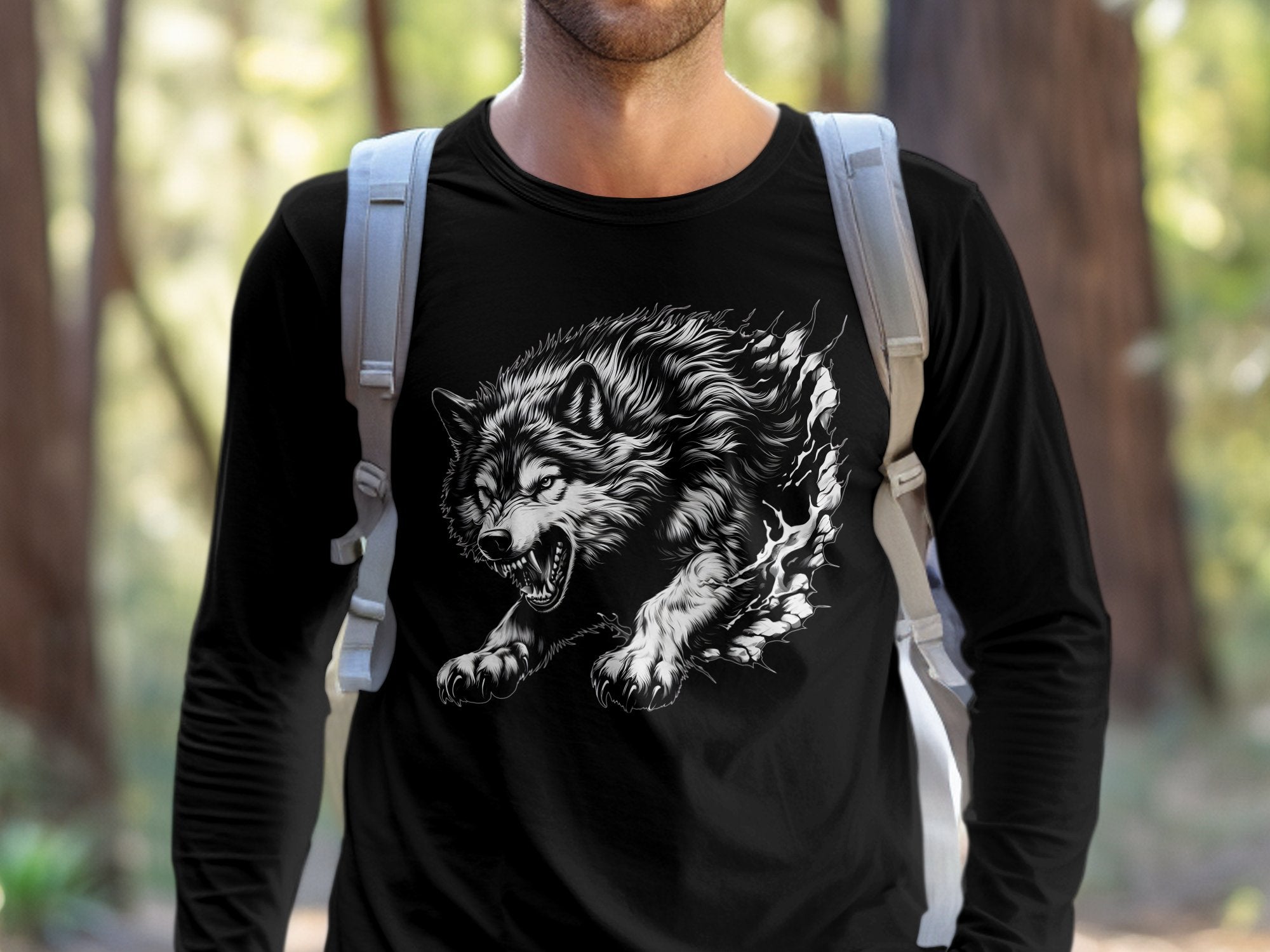 Wolf Tribal - Black White Gildan Long Sleeve Realistic Animal Talisman Unisex Tee Graphic Design