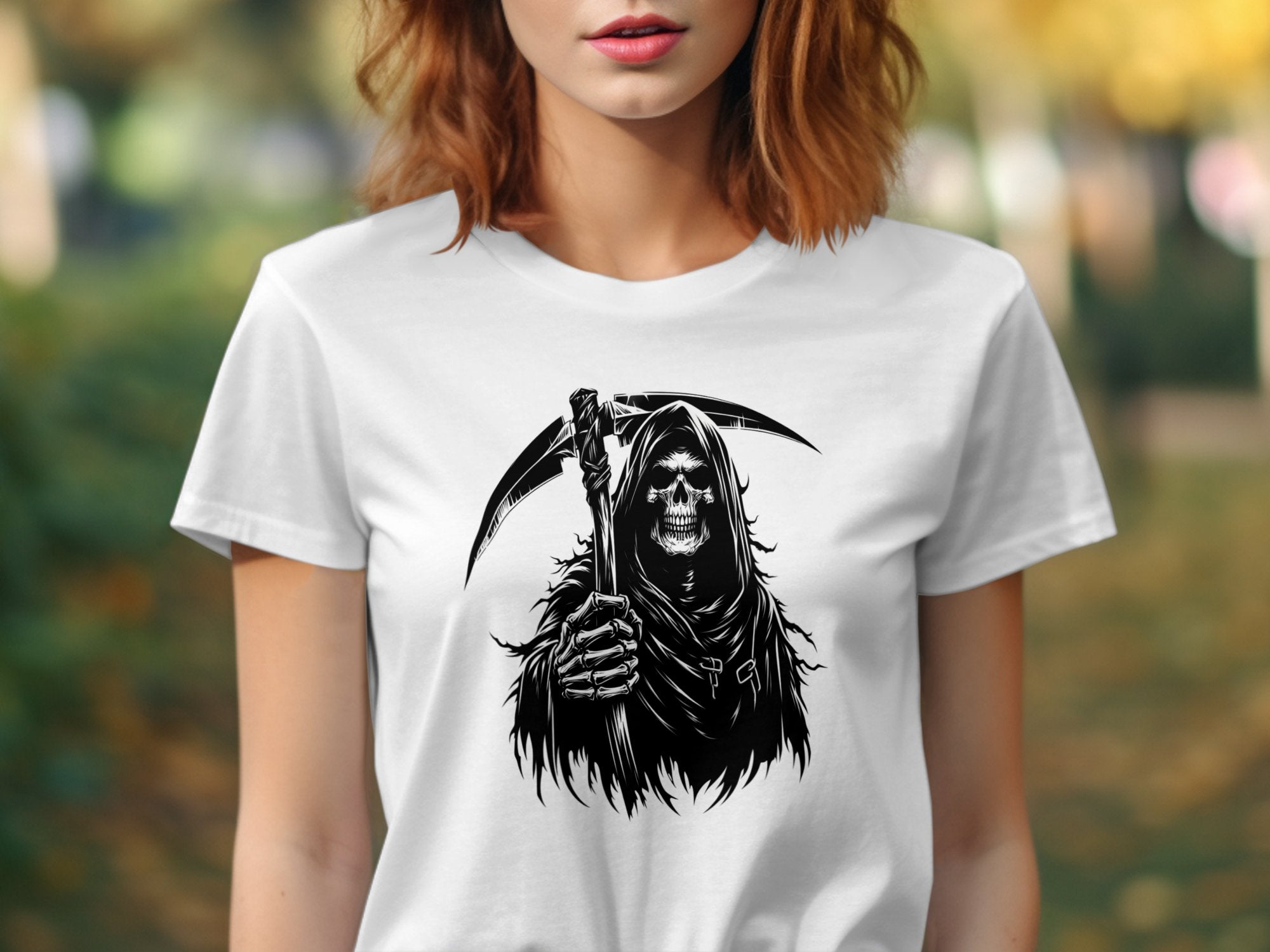 Grim Reaper - Black White Gildan T-Shirt Commemorative Talisman Unisex Tee Graphic Design