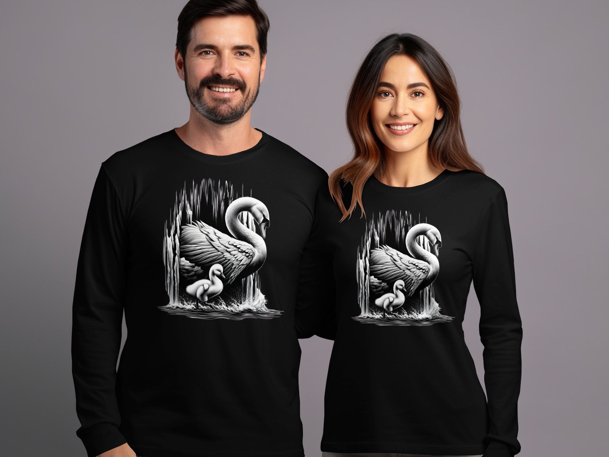 Swan & Cygnet- Black White Gildan Long Sleeve Realistic Family Talisman Unisex Tee Graphic Design