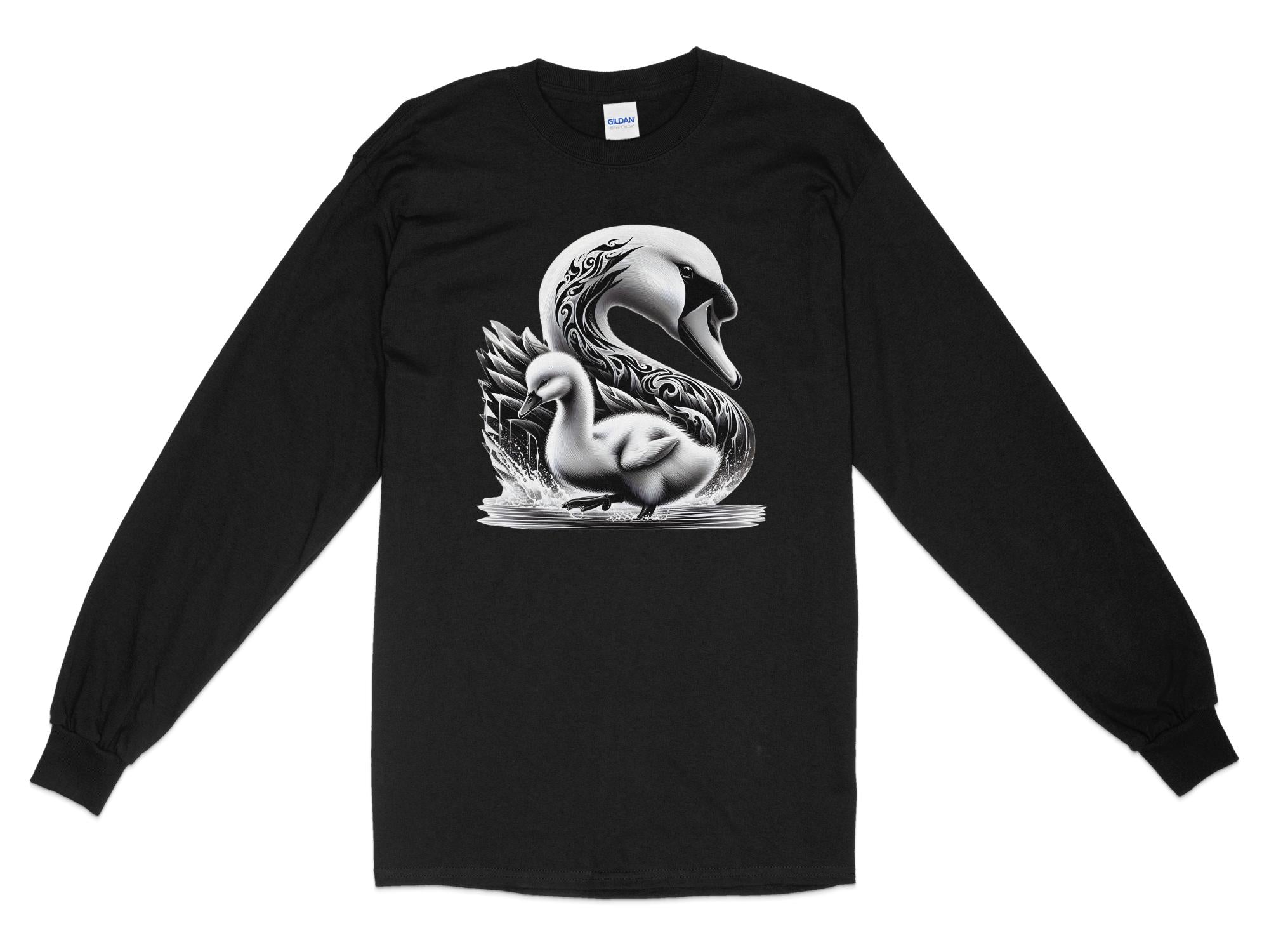 Swan & Cygnet- Black White Gildan Long Sleeve Realistic Family Talisman Unisex Tee Graphic Design