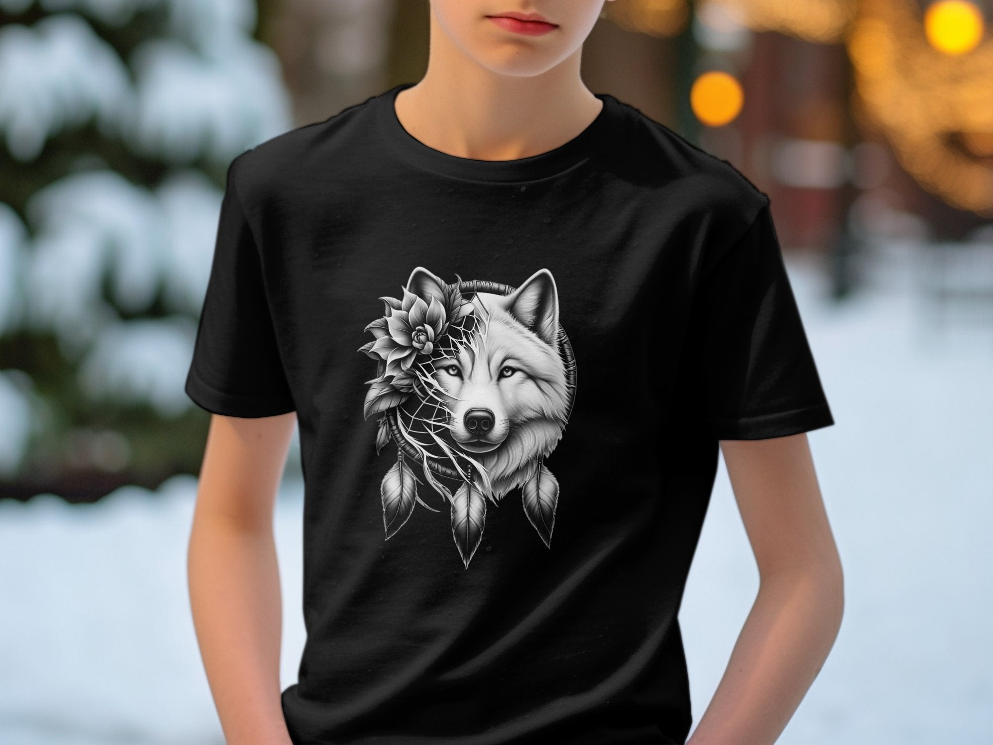 Dreamcatcher Wolf - Coloured Gildan Kids T-Shirt Realistic Native American Talisman Unisex Mythology Tee Graphic Design