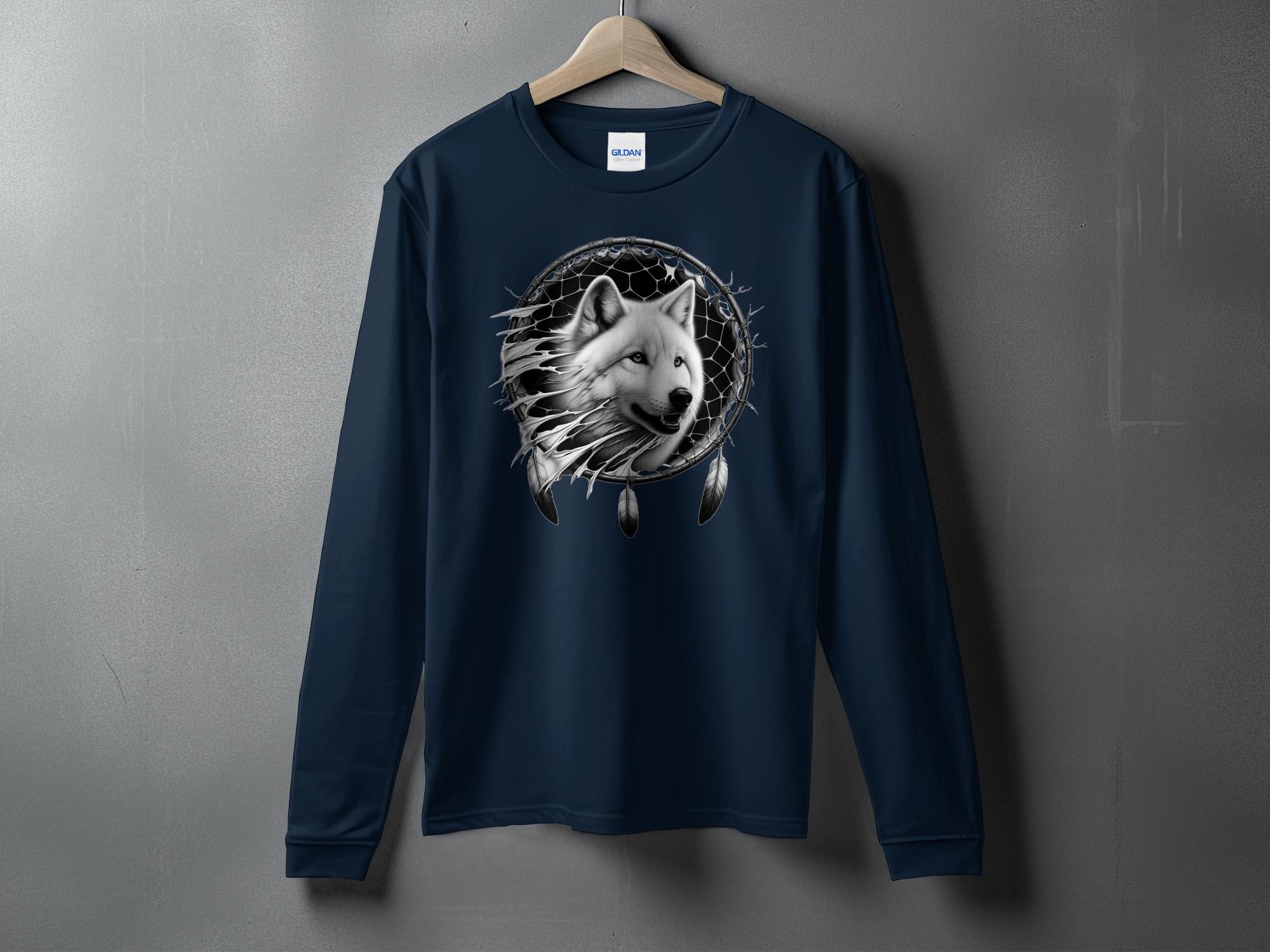 Dreamcatcher Wolf - Coloured Gildan Long Sleeve Realistic Native American Talisman Unisex Mythology Tee Graphic Design