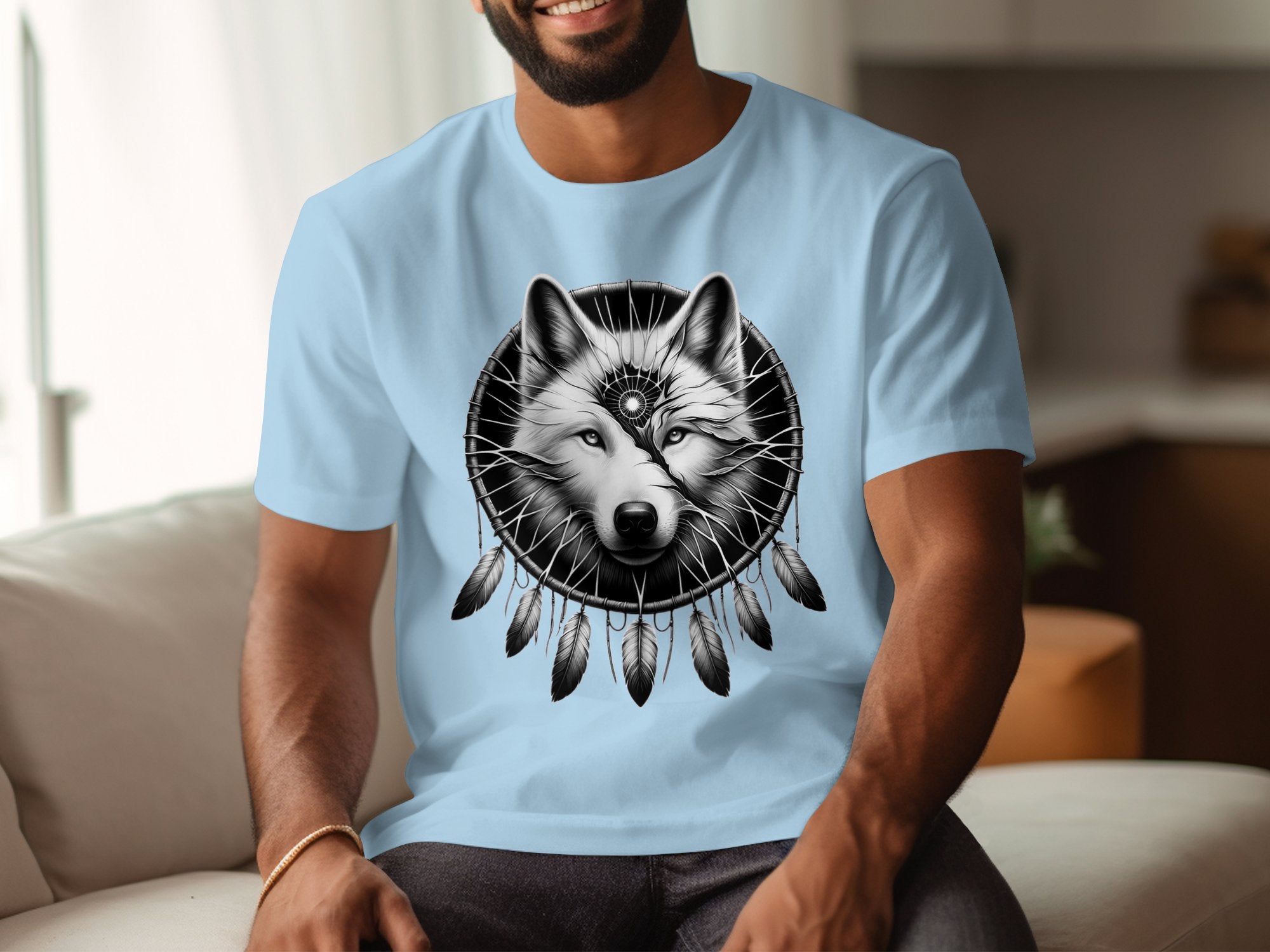 Dreamcatcher Wolf - Coloured Gildan T-Shirt Realistic Native American Talisman Unisex Mythology Tee Graphic Design