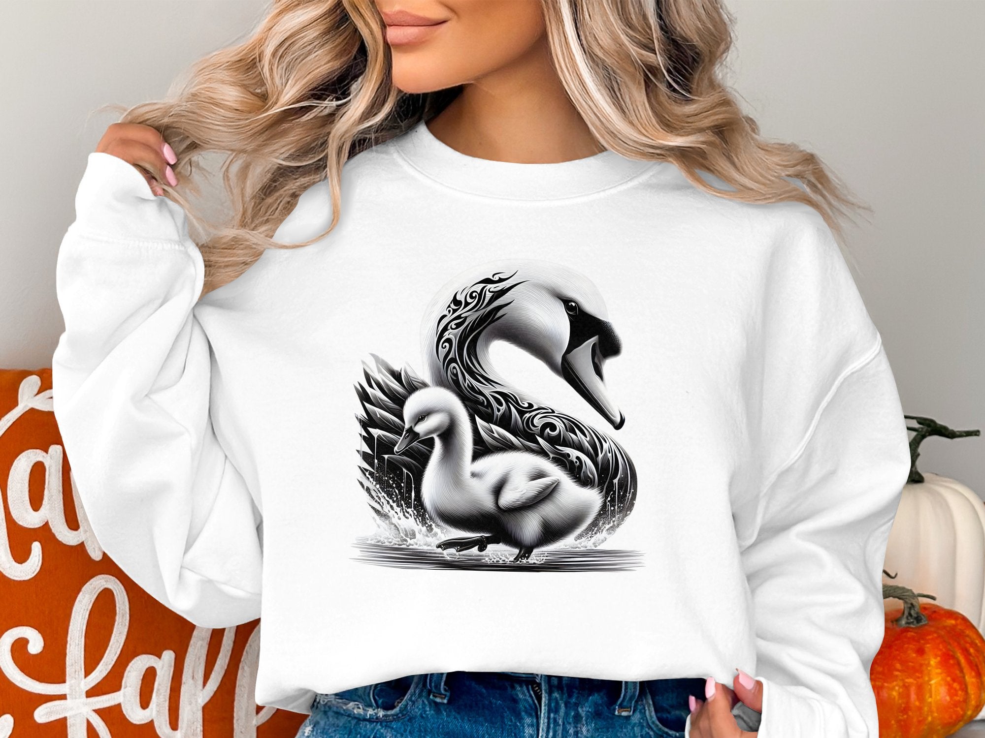 Swan & Cygnet- Black White Gildan Sweatshirt Realistic Family Talisman Unisex Tee Graphic Design