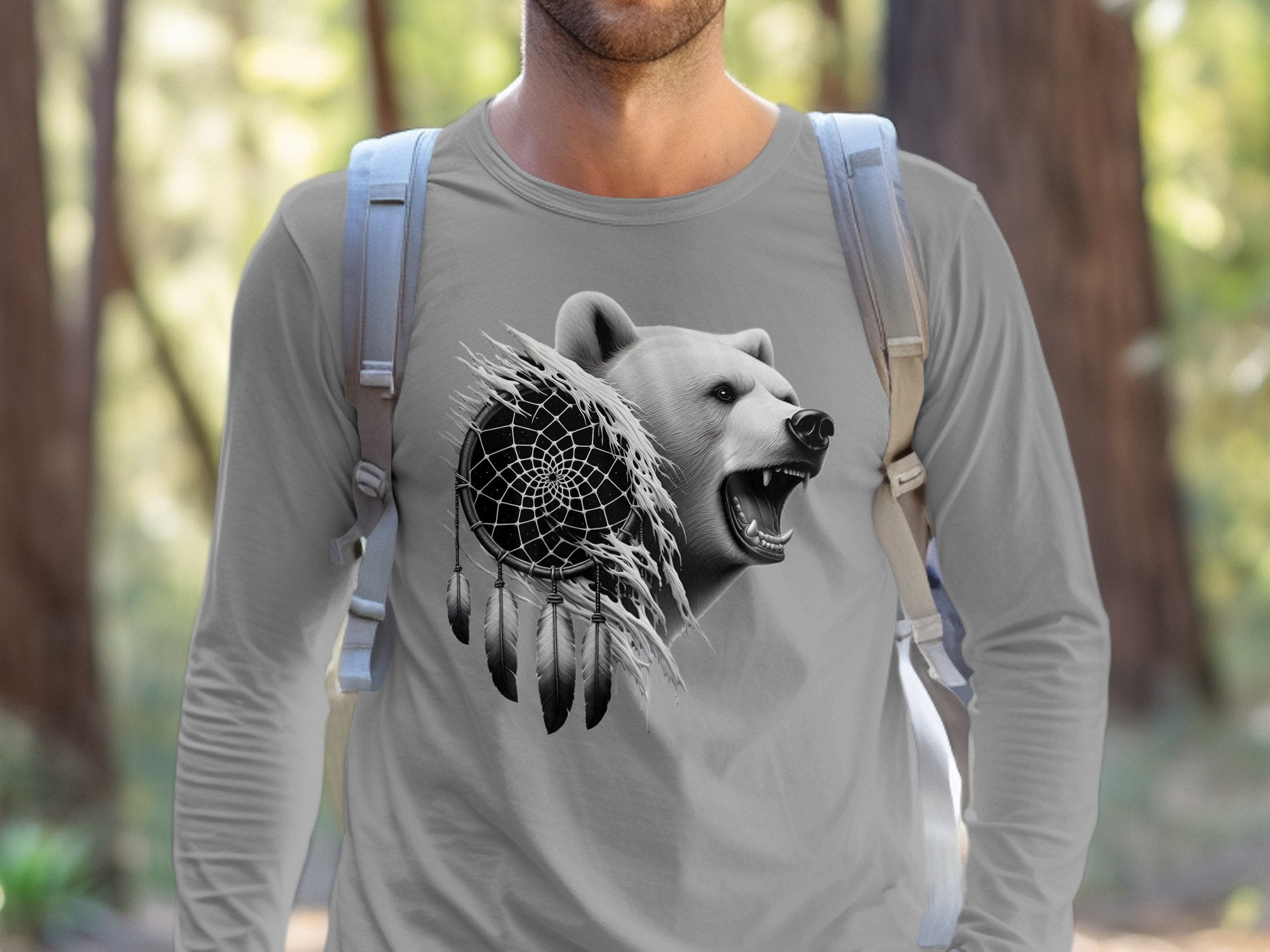 Dreamcatcher Bear - Coloured Gildan Long Sleeve Realistic Native American Talisman Unisex Mythology Tee Graphic Design