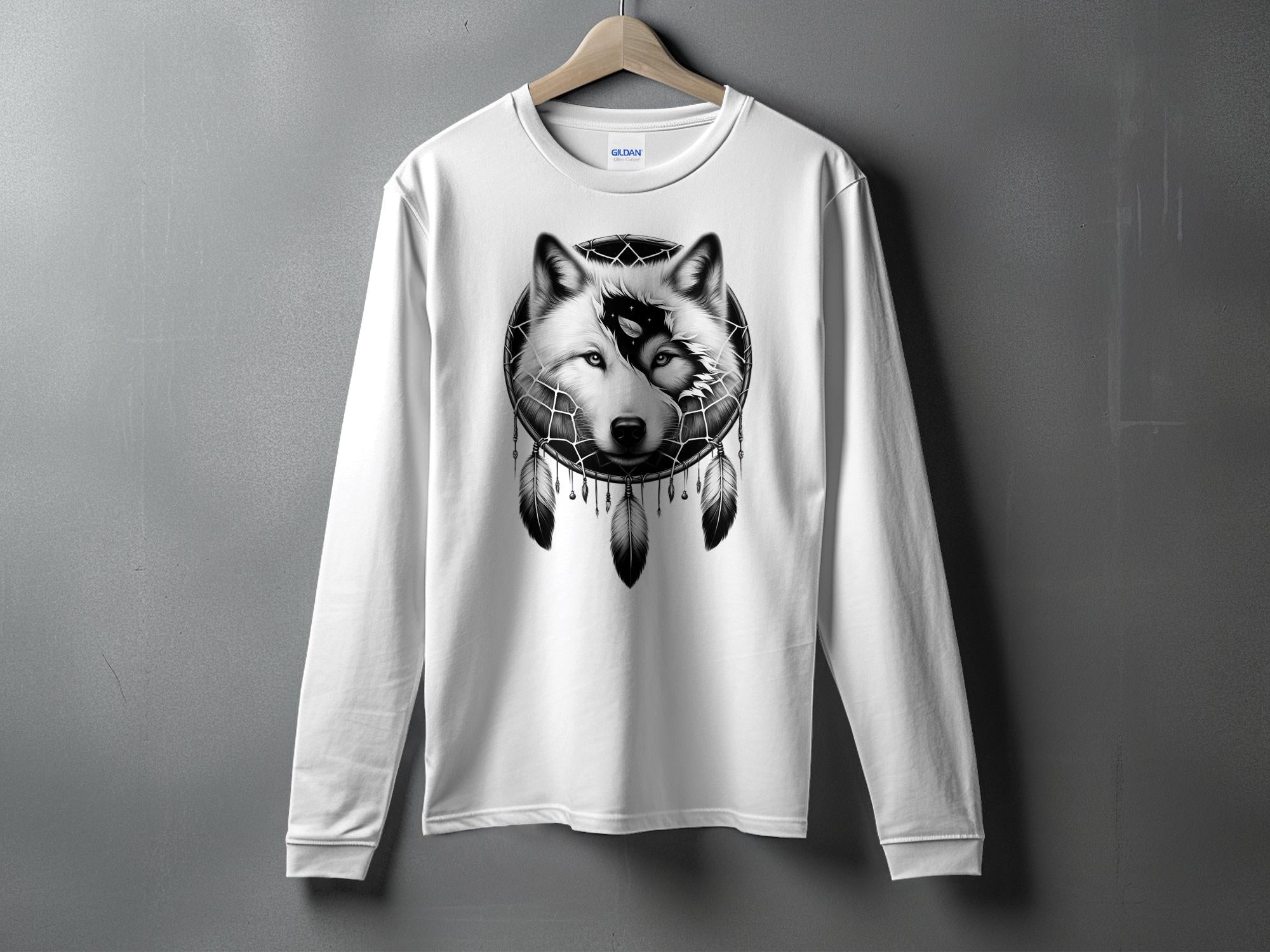 Dreamcatcher Wolf - Coloured Gildan Long Sleeve Realistic Native American Talisman Unisex Mythology Tee Graphic Design