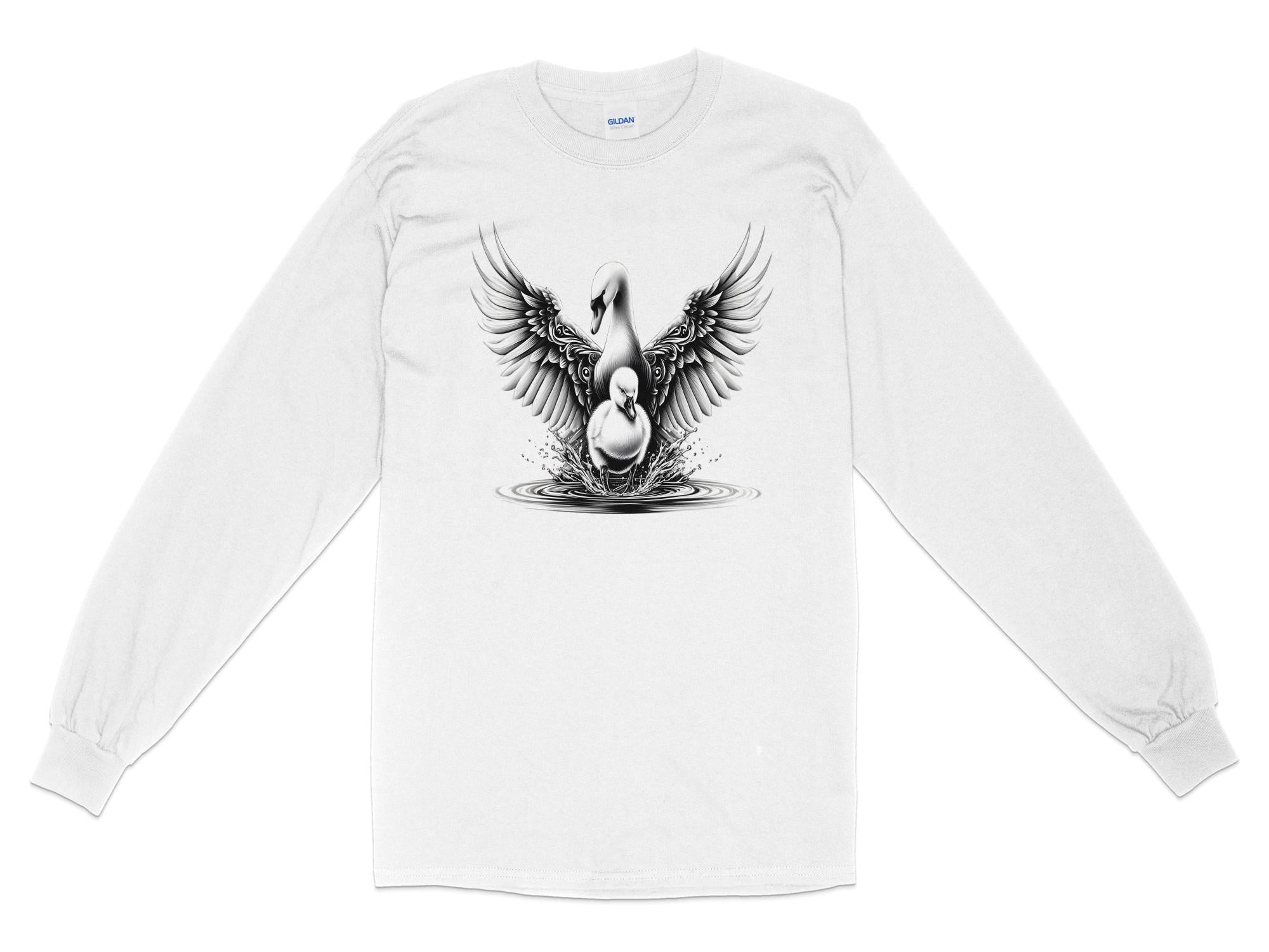 Swan & Cygnet- Black White Gildan Long Sleeve Realistic Family Talisman Unisex Tee Graphic Design