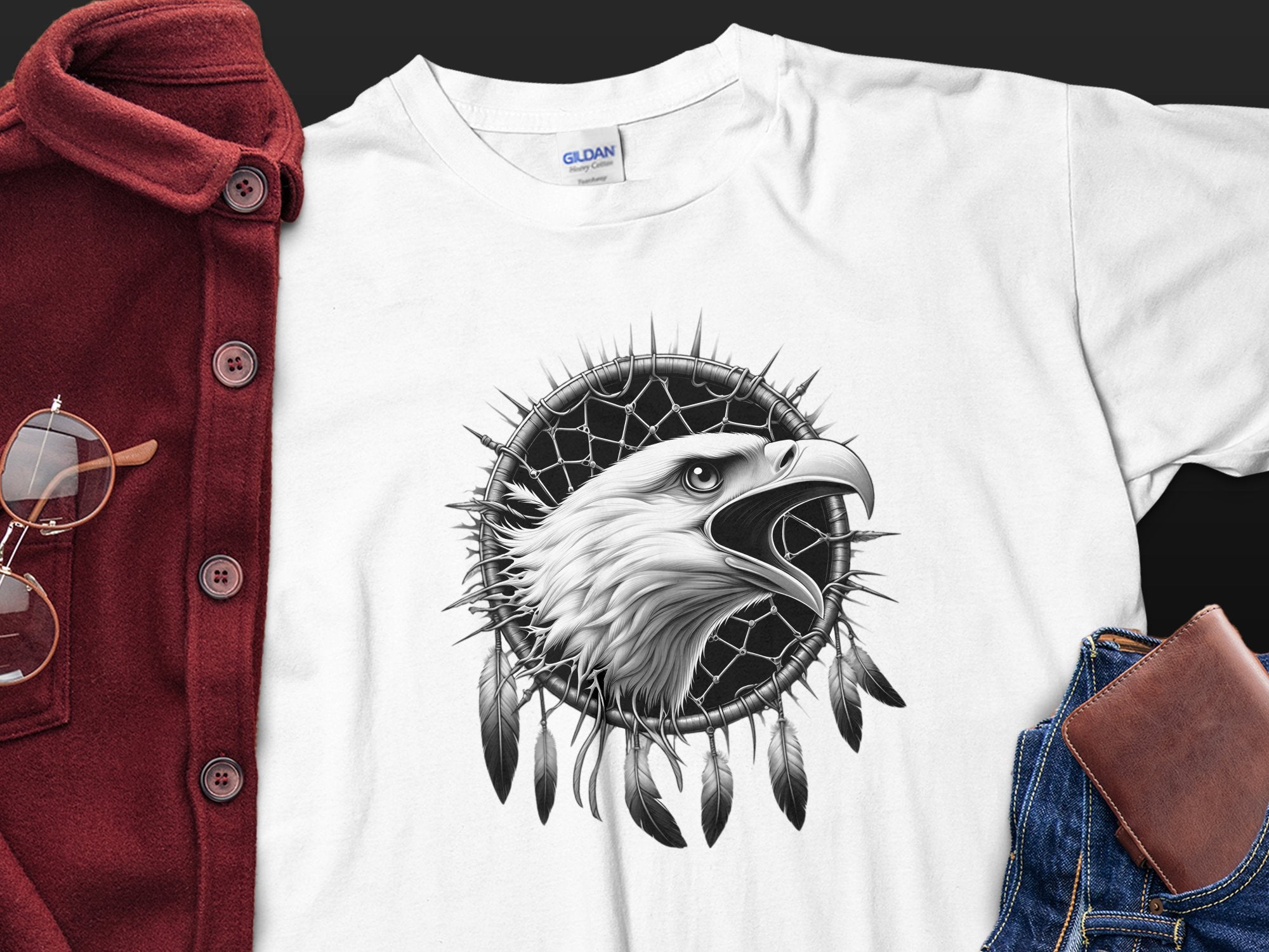 Dreamcatcher Eagle - Coloured Gildan T-Shirt Realistic Native American Talisman Unisex Mythology Tee Graphic Design