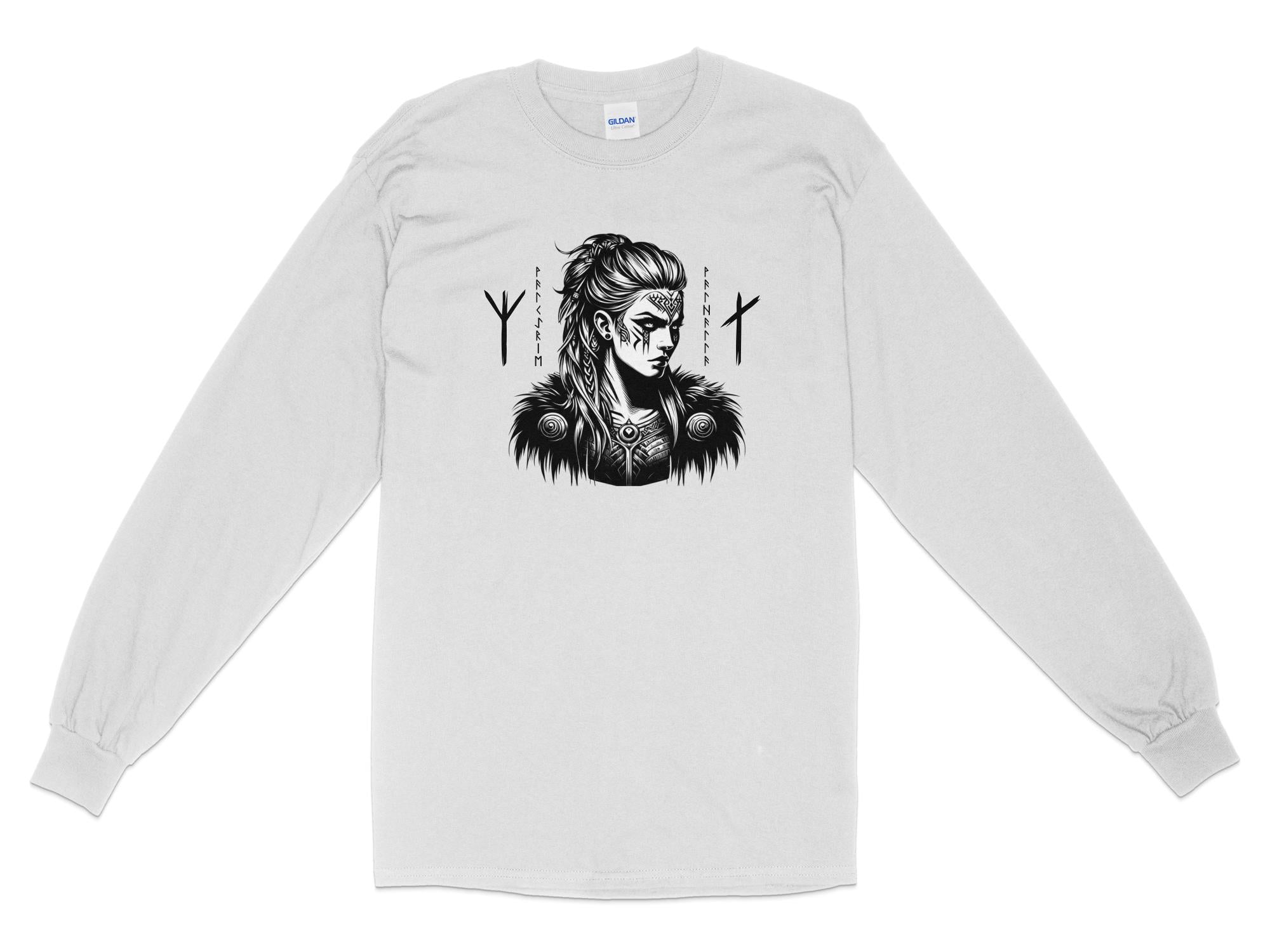 Viking Shield Maiden - Coloured Gildan Long Sleeve Realistic Norse Talisman Men Women Unisex Valhalla Tee Graphic Design