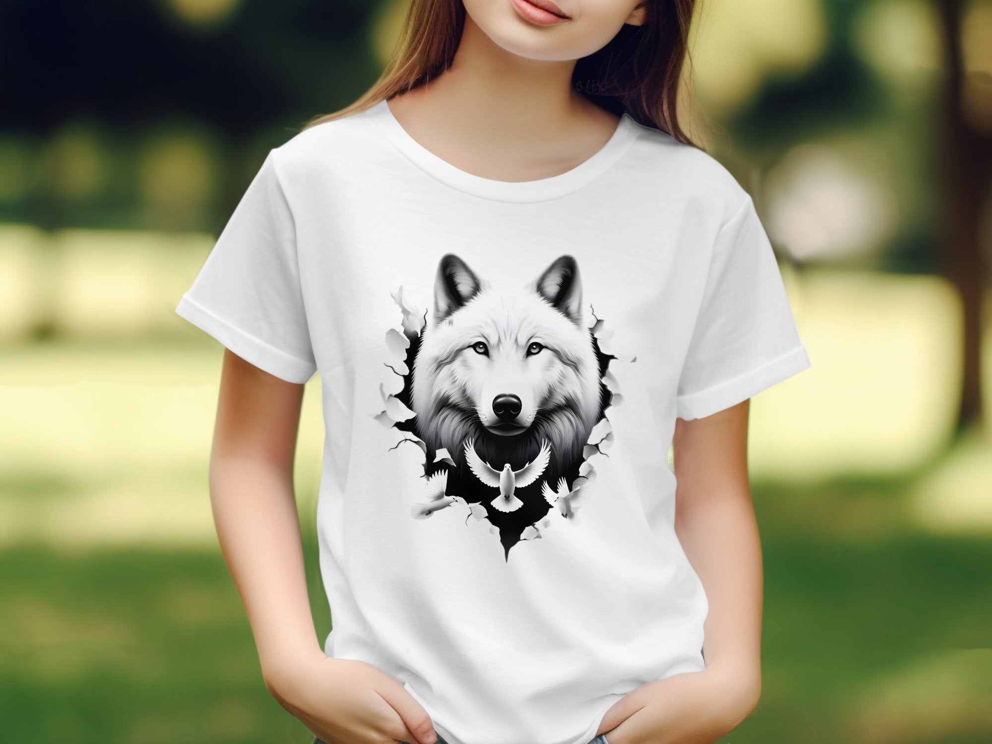 Wolf x Doves - Black White Gildan Kids T-Shirt Realistic Animal Talisman Unisex Tee Graphic Design