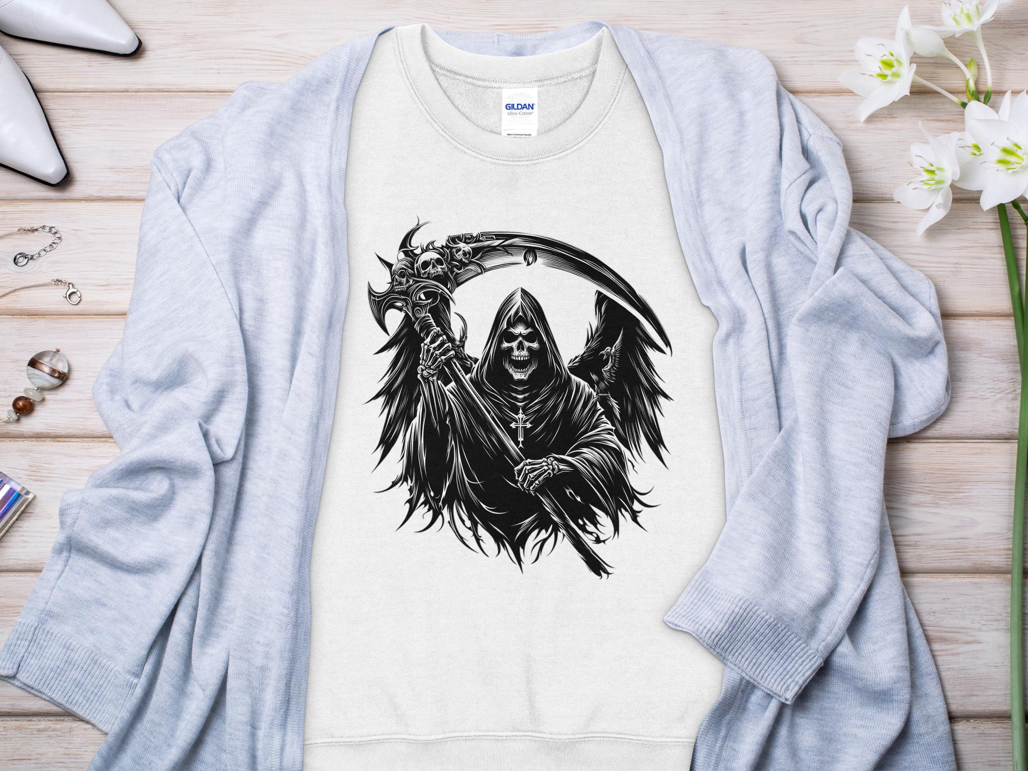 Grim Reaper - Black White Gildan Sweatshirt Commemorative Talisman Unisex Tee Graphic Design