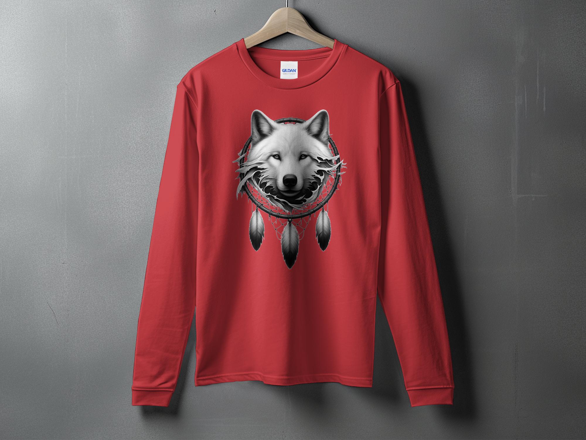 Dreamcatcher Wolf - Coloured Gildan Long Sleeve Realistic Native American Talisman Unisex Mythology Tee Graphic Design