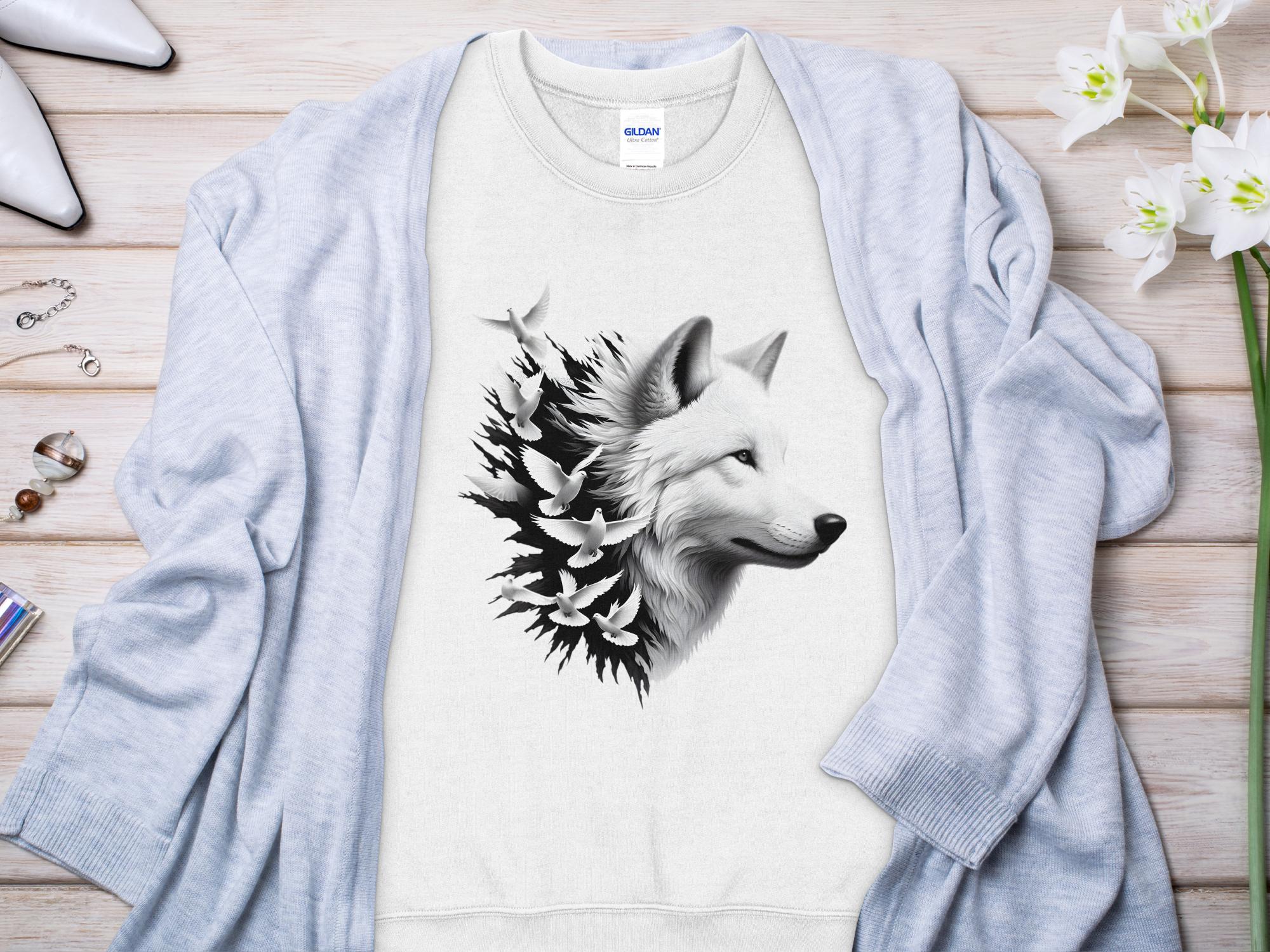 Wolf x Doves - Black White Gildan Sweatshirt Realistic Animal Talisman Unisex Tee Graphic Design