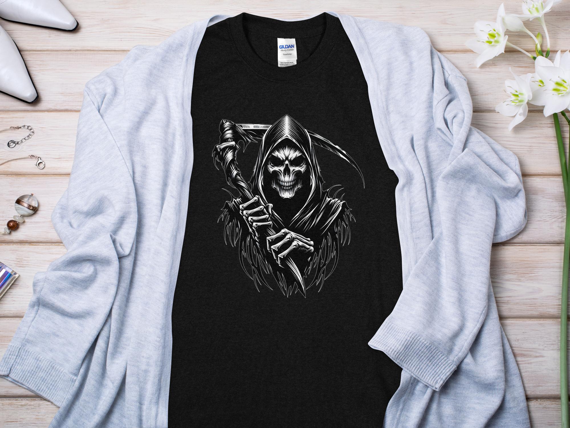 Grim Reaper - Black White Gildan T-Shirt Commemorative Talisman Unisex Tee Graphic Design