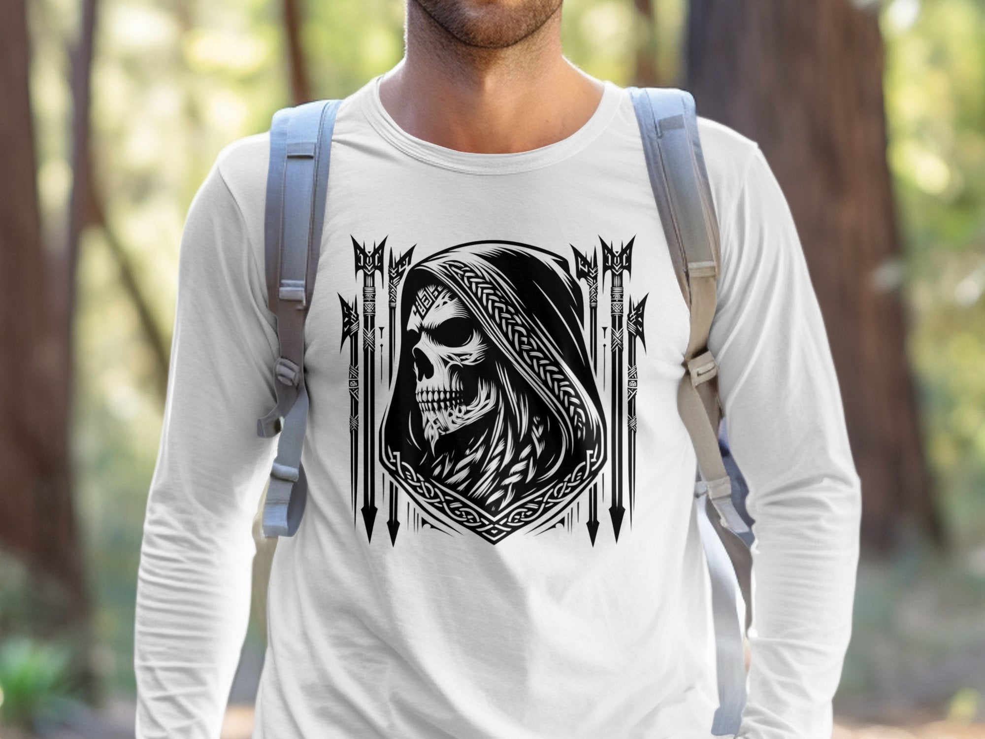 Grim Reaper - Black White Gildan Long Sleeve Commemorative Talisman Unisex Tee Graphic Design