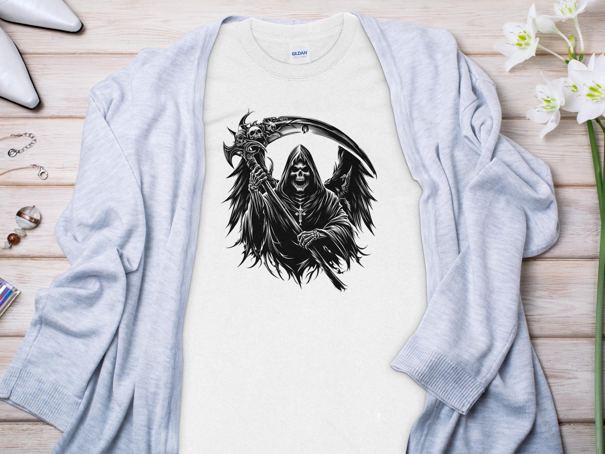 Grim Reaper - Black White Gildan Long Sleeve Commemorative Talisman Unisex Tee Graphic Design