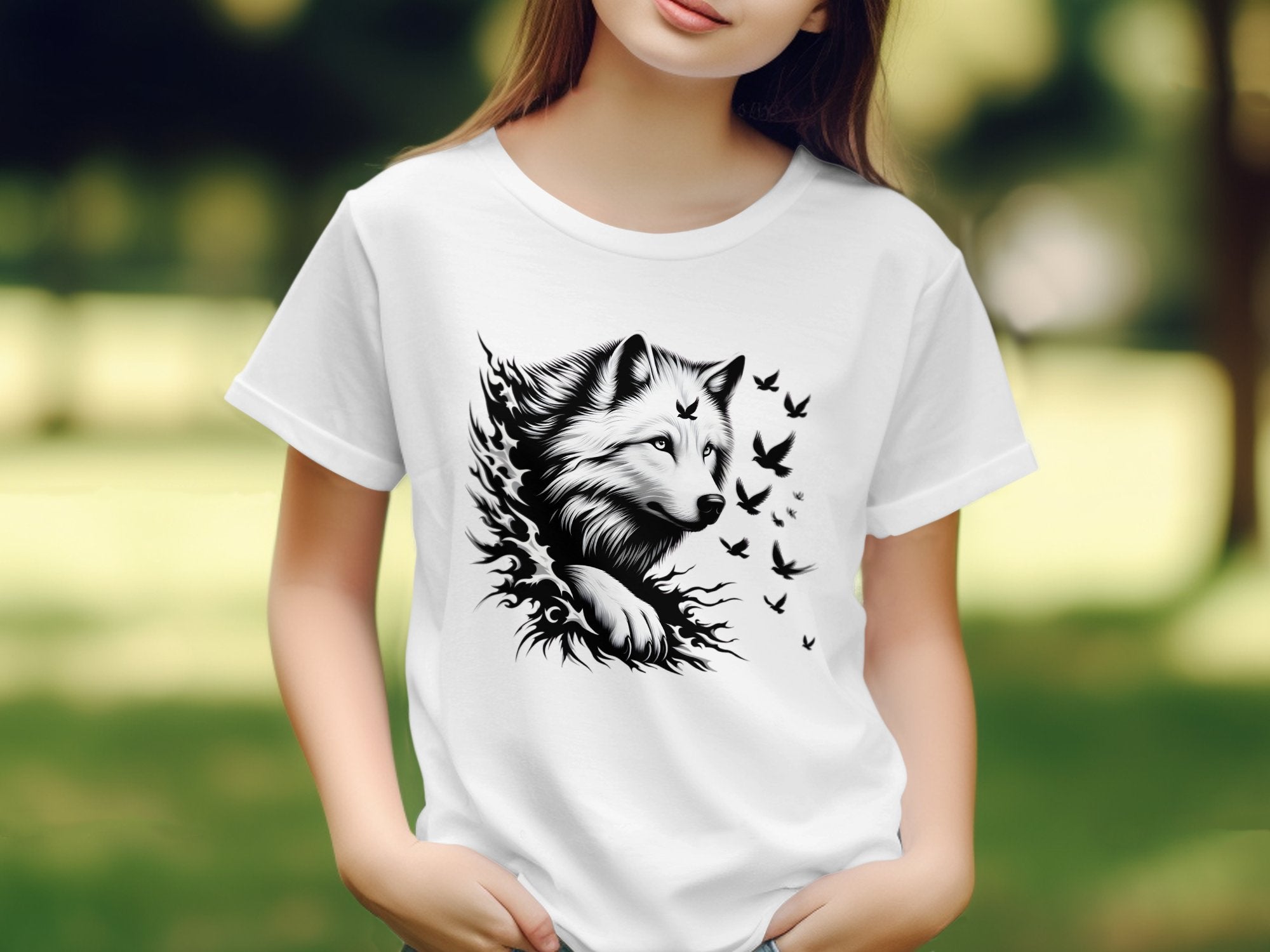 Wolf x Doves - Black White Gildan Kids T-Shirt Realistic Animal Talisman Unisex Tee Graphic Design