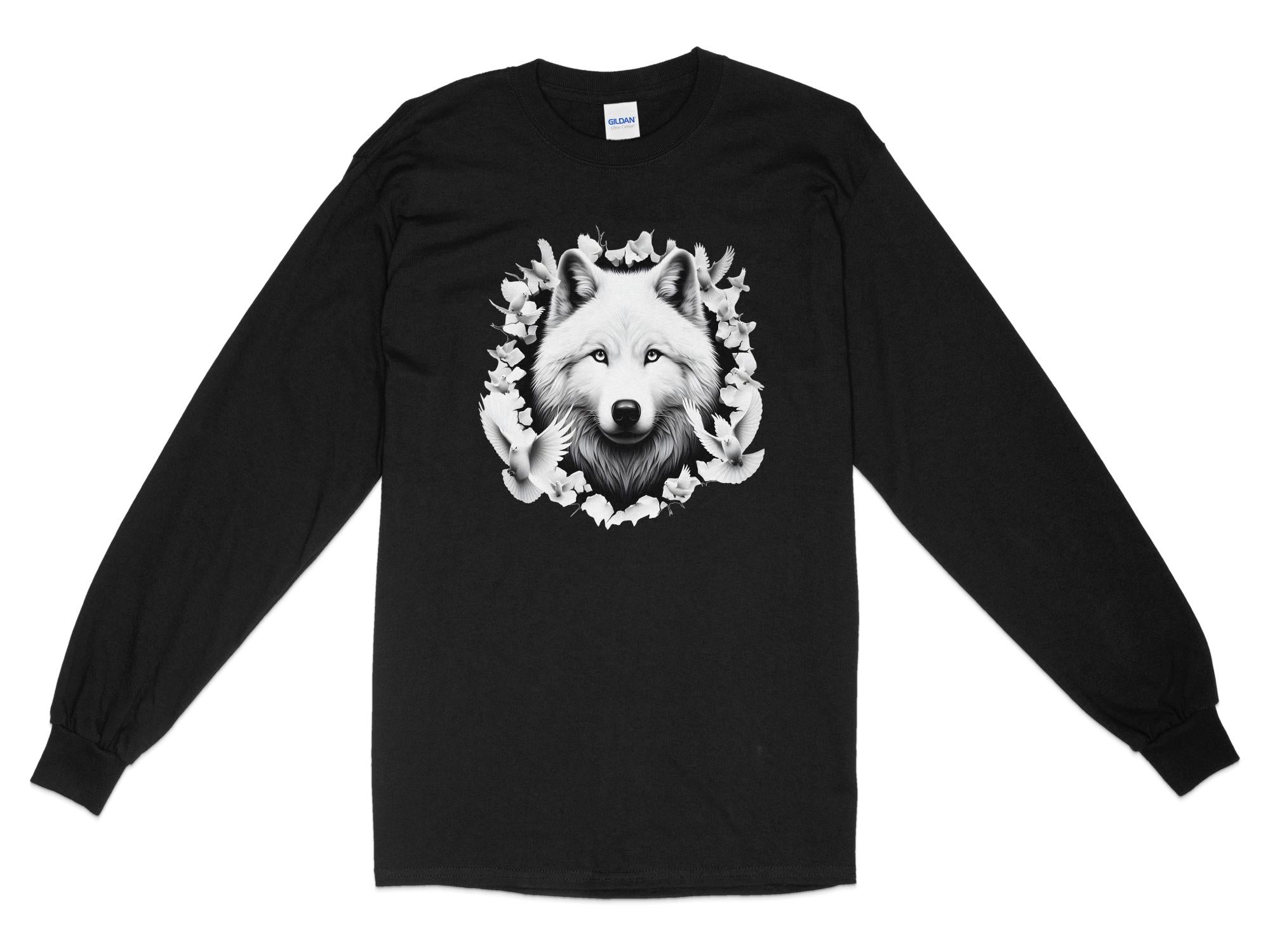 Wolf x Doves - Black White Gildan Long Sleeve Realistic Animal Talisman Unisex Tee Graphic Design