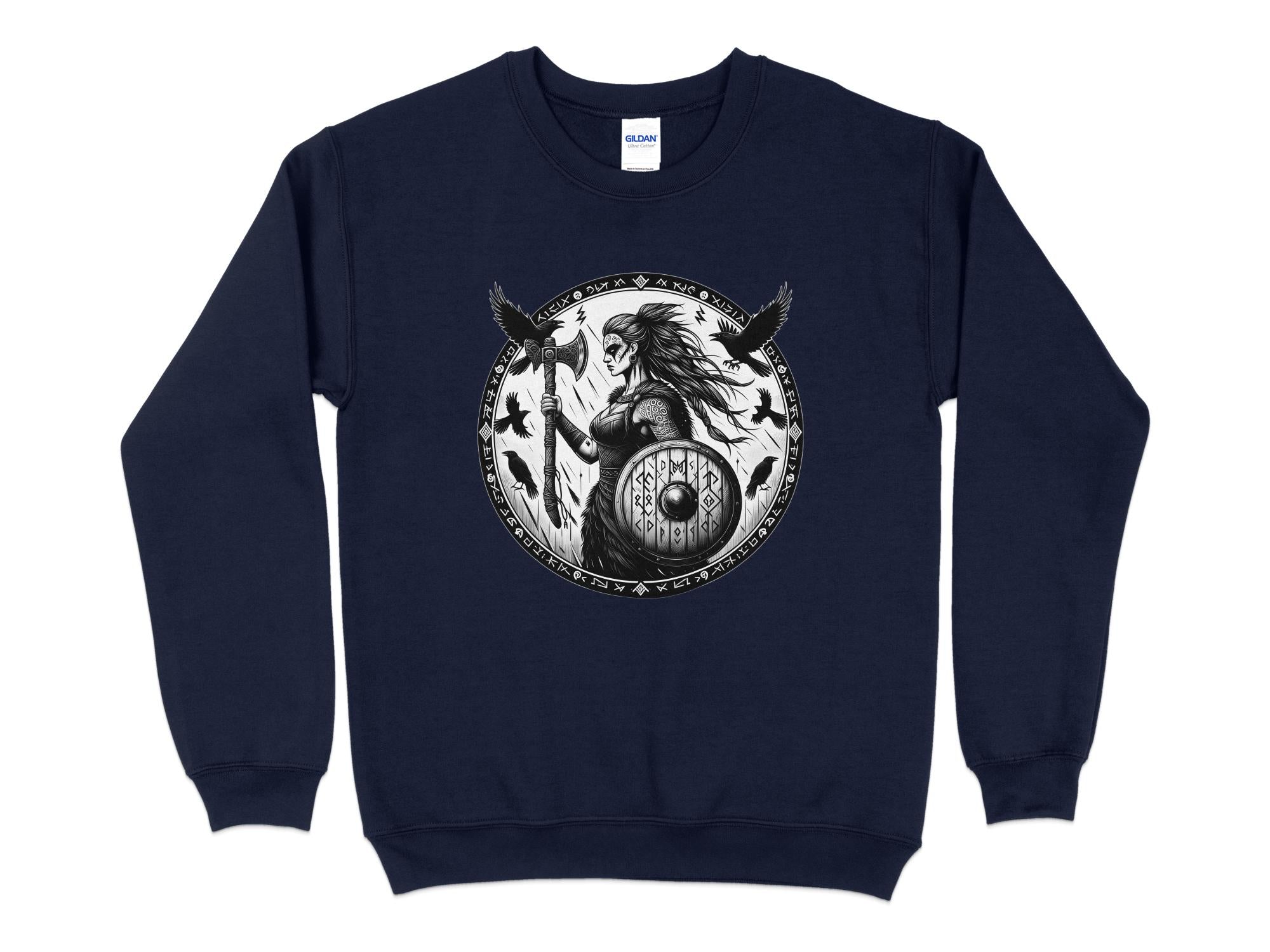 Viking Shield Maiden - Coloured Gildan Sweatshirt Realistic Norse Talisman Men Women Unisex Valhalla Tee Graphic Design