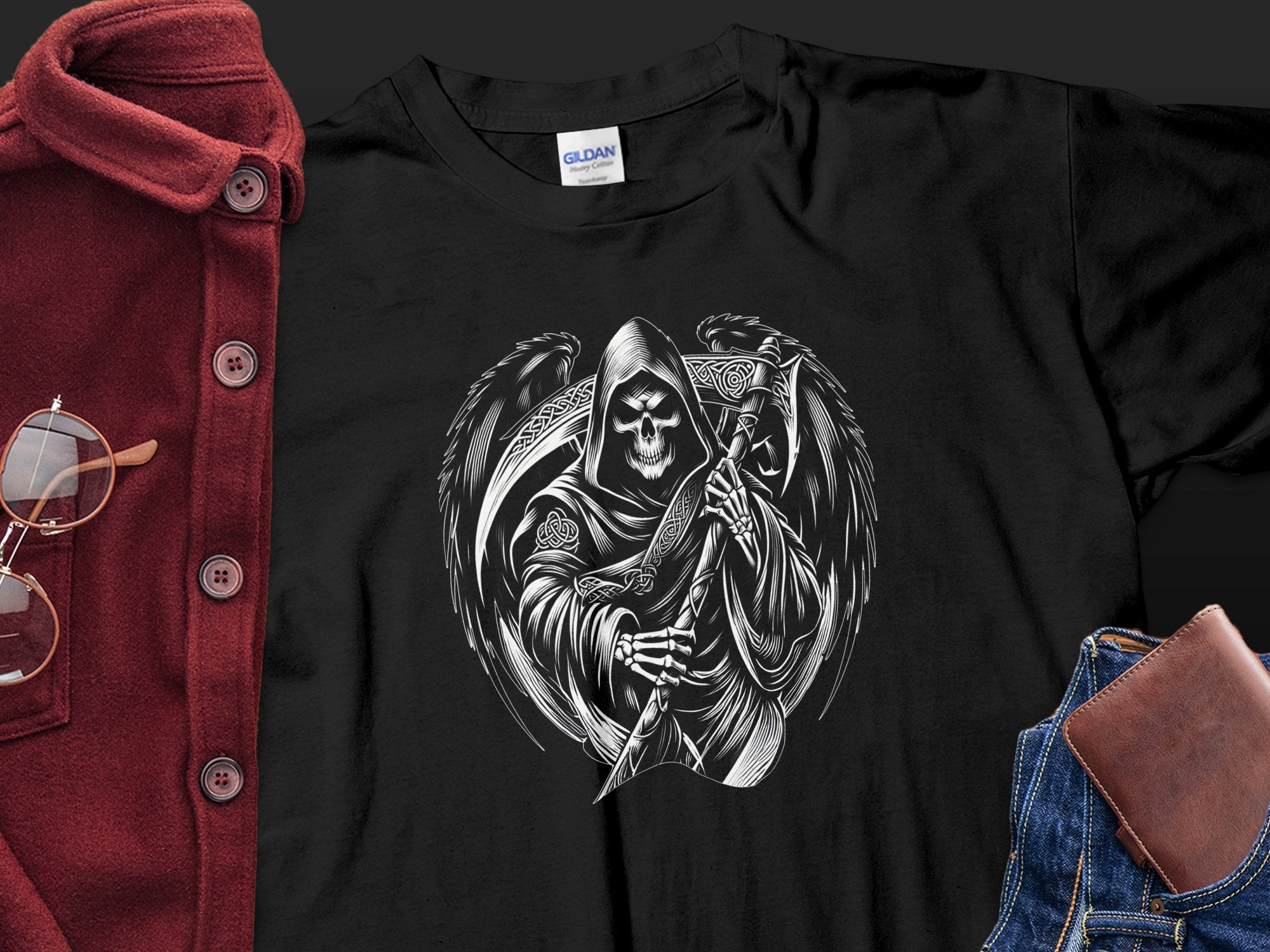 Grim Reaper - Black White Gildan T-Shirt Commemorative Talisman Unisex Tee Graphic Design