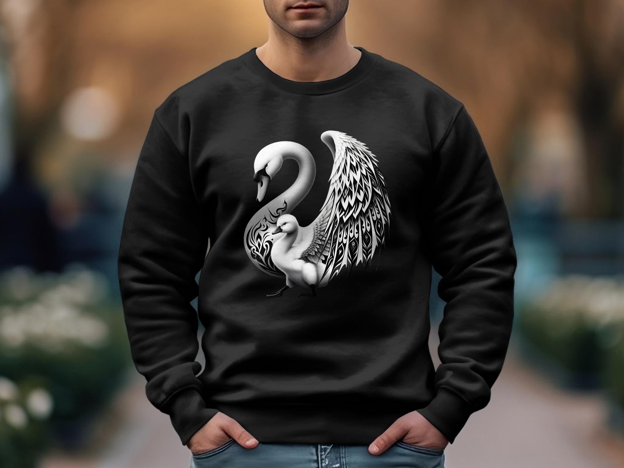 Swan & Cygnet- Black White Gildan Sweatshirt Realistic Family Talisman Unisex Tee Graphic Design