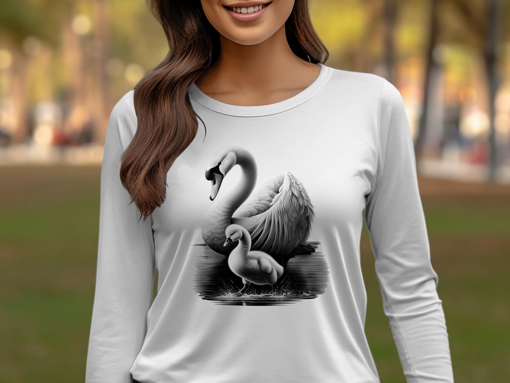 Swan & Cygnet- Black White Gildan Long Sleeve Realistic Family Talisman Unisex Tee Graphic Design