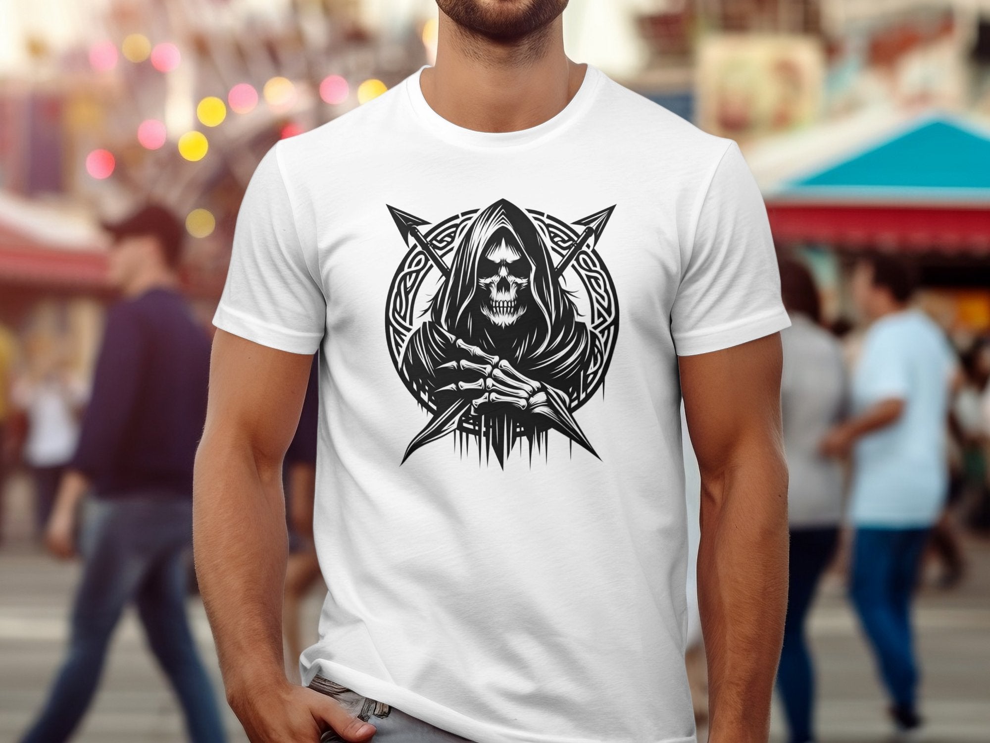 Grim Reaper - Black White Gildan T-Shirt Commemorative Talisman Unisex Tee Graphic Design