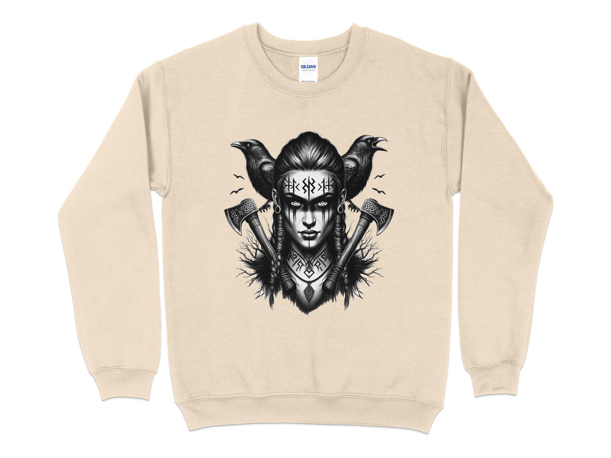 Viking Shield Maiden - Coloured Gildan Sweatshirt Realistic Norse Talisman Men Women Unisex Valhalla Tee Graphic Design