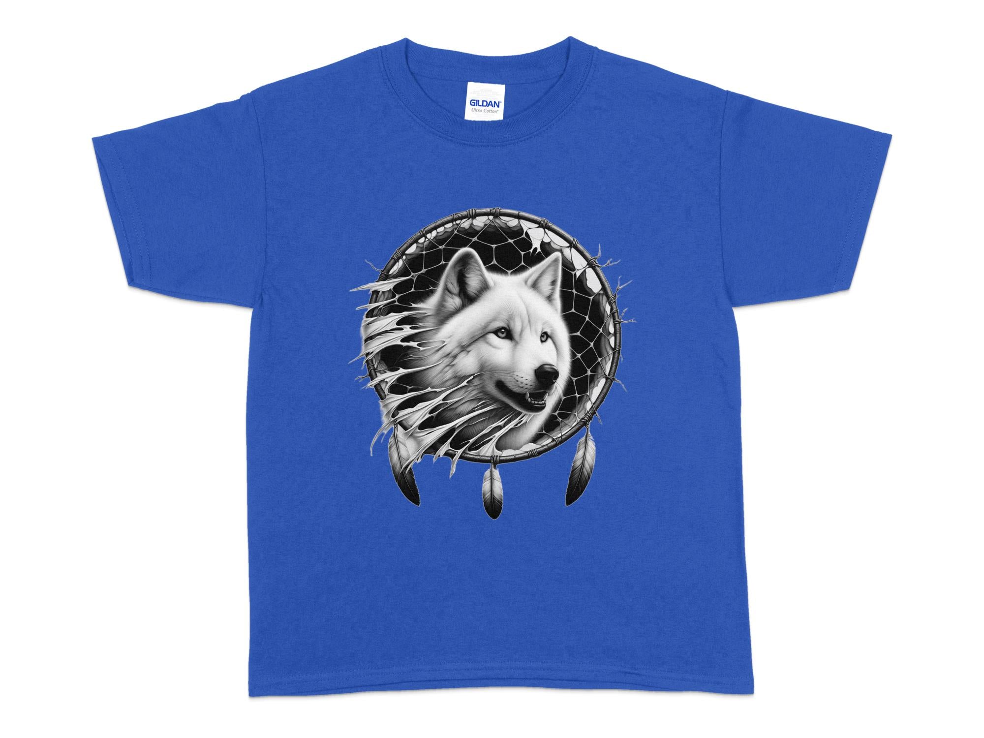 Dreamcatcher Wolf - Coloured Gildan Kids T-Shirt Realistic Native American Talisman Unisex Mythology Tee Graphic Design