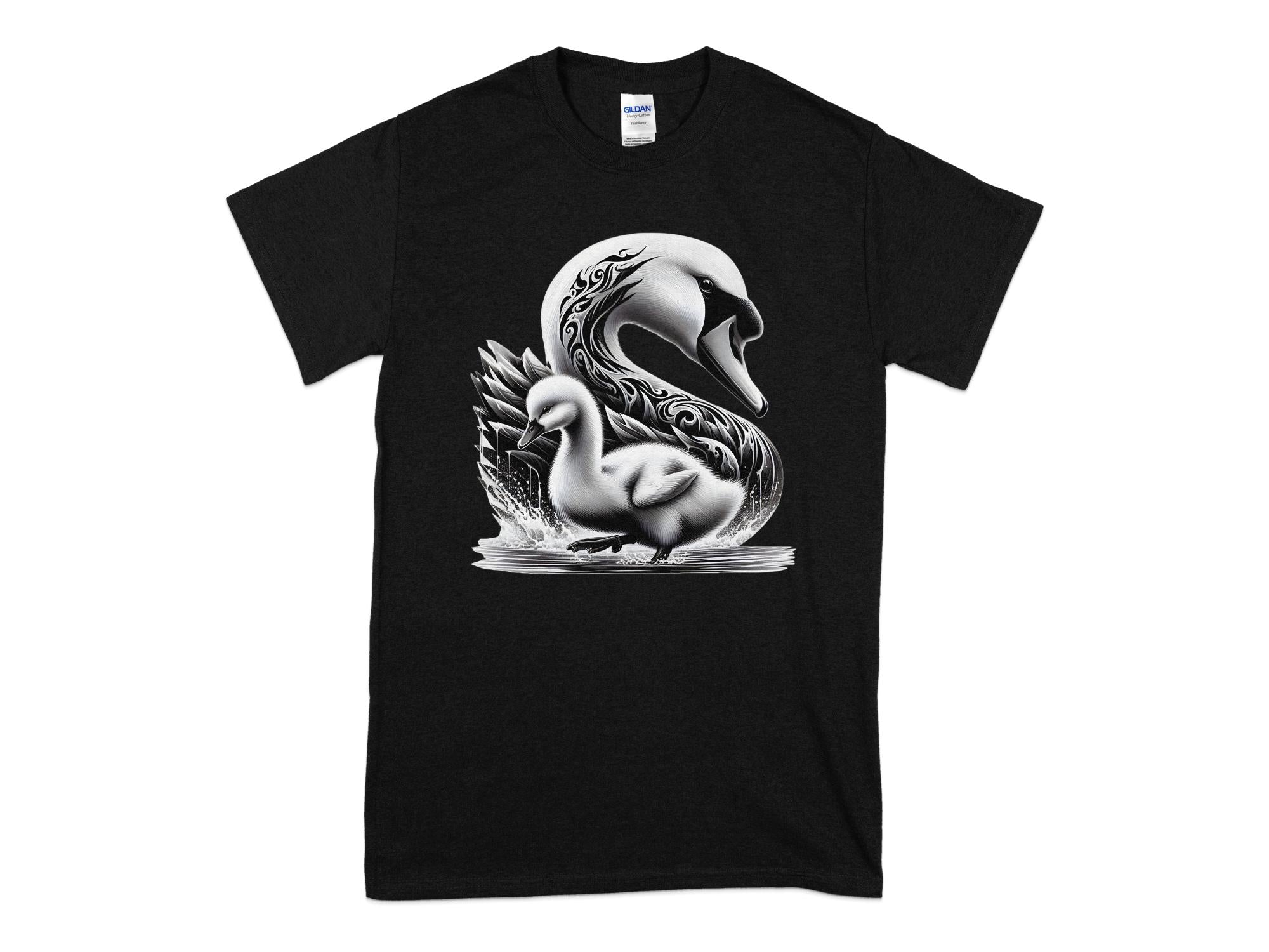 Swan & Cygnet- Black White Gildan T-Shirt Realistic Family Talisman Unisex Tee Graphic Design