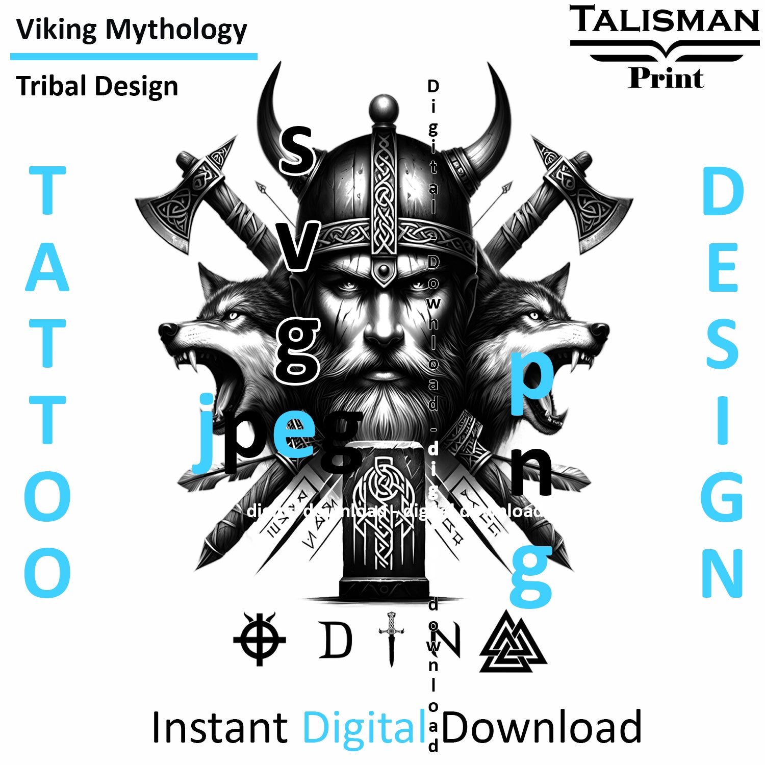 Viking Odins Wolves- Digital Art Collection | PNG, JPEG & SVG | Instant Tattoo Download