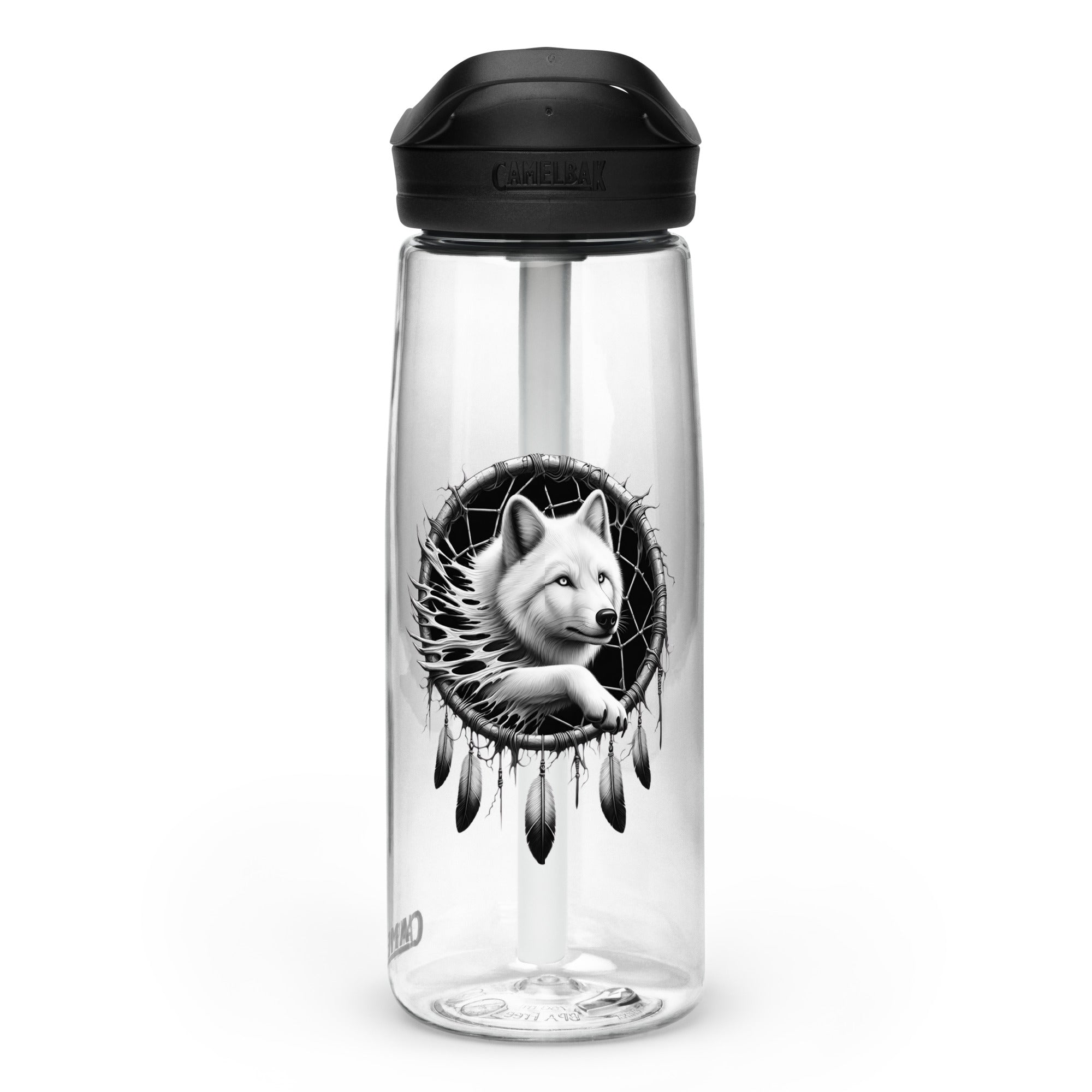 Dreamcatcher Wolf – Sports Water Bottle Realistic Native American Talisman Mythology Graphic Design