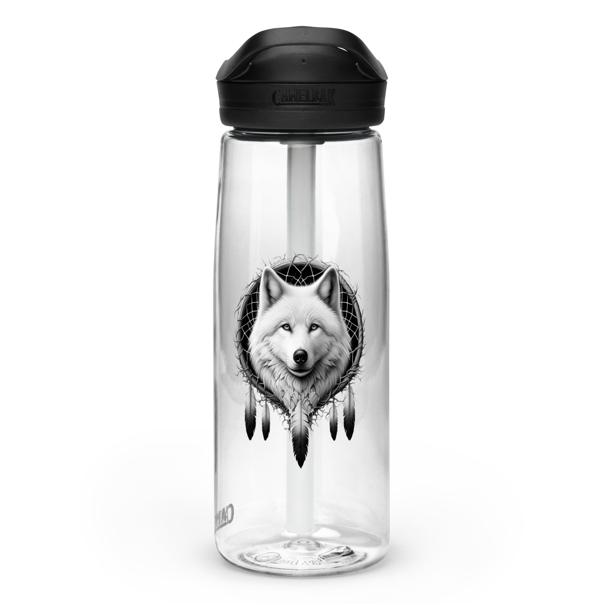 Dreamcatcher Wolf – Sports Water Bottle Realistic Native American Talisman Mythology Graphic Design